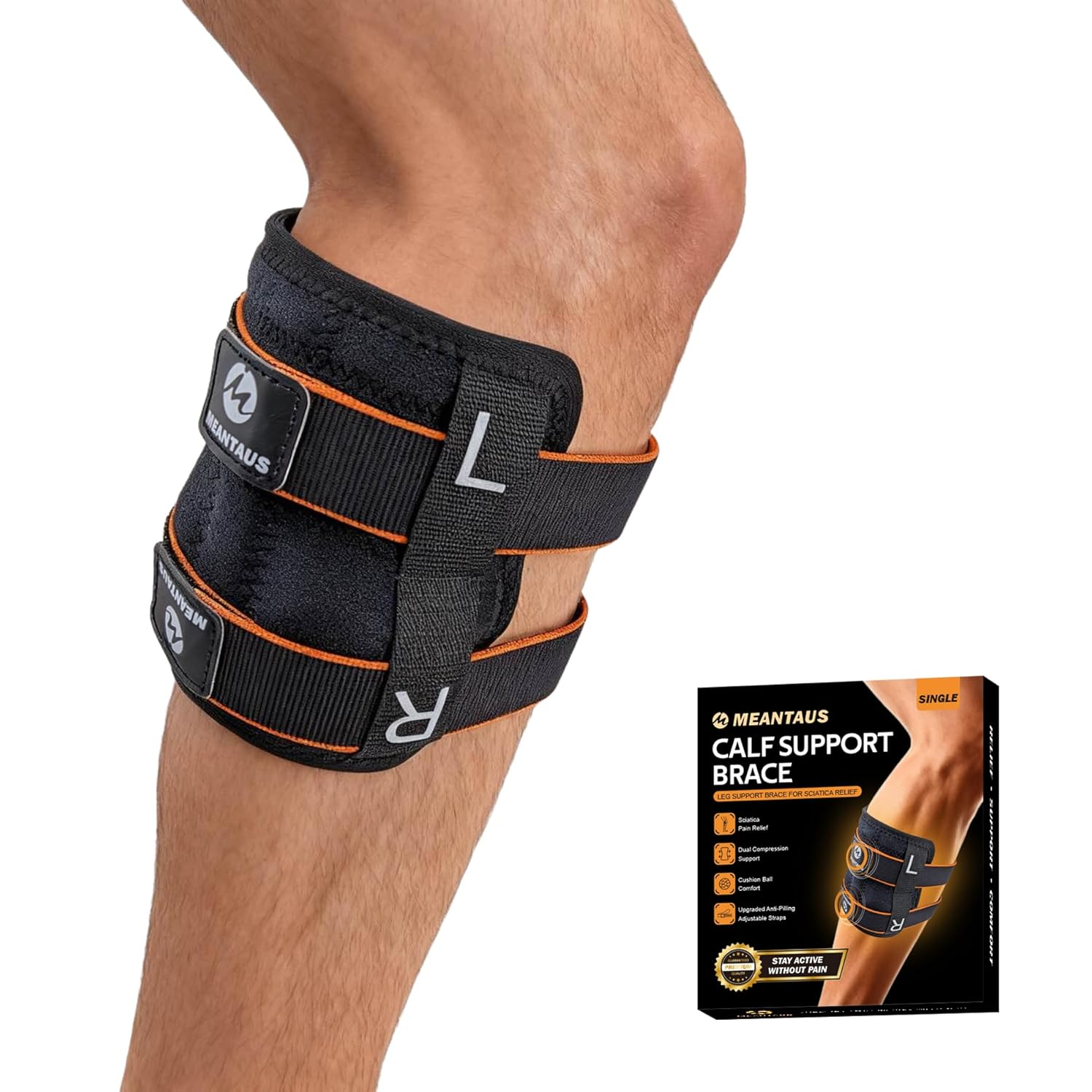 Calf Support Brace for Sciatica Pain Relief &ndash; Adjustable Leg Compression Brace with Dual Pads, Aluminum Bar, Anti-Slip Fabric, and Massage Ball for Effective Nerve Pain Relief in the Lower Back, Hip, and Calf(Orange)
