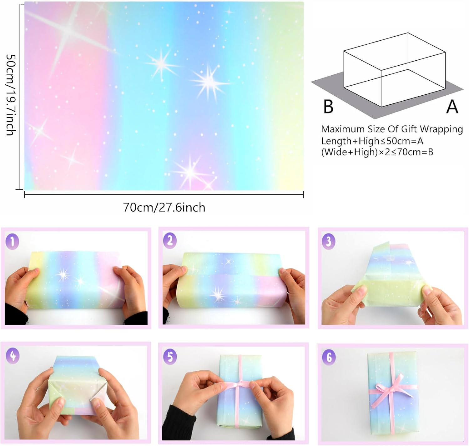 ZCOINS 6 Sheets Aurora Rainbow Gradient Wrapping Paper 70 X 50CM with Pink Ribbons ＆ Sticker, Pink Purple Dreamy Rainbow Starry Sky & Aurora Wrapping Paper Valentines Day Mothers Day Girls Women Gifts image number 1