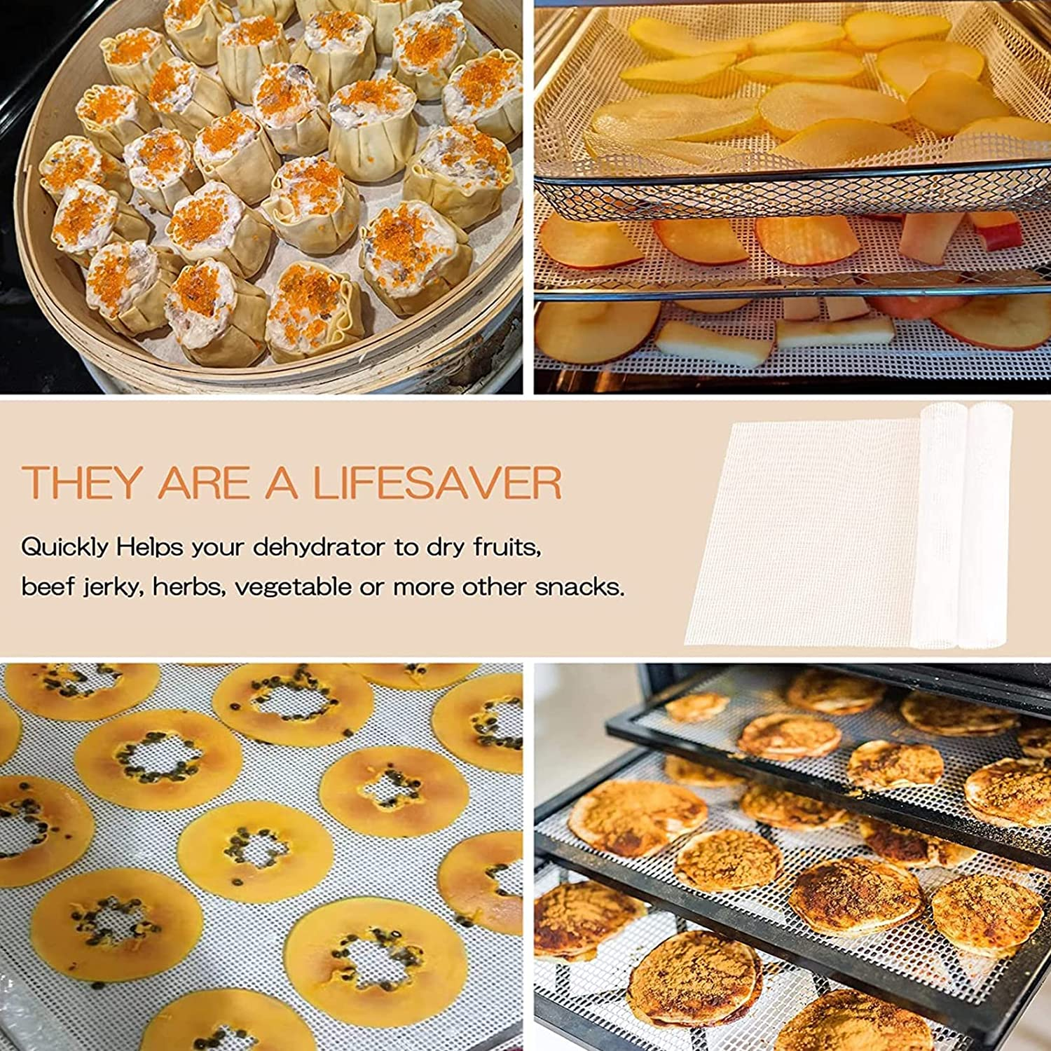 Silicone Dehydrator Sheets 5 Pieces for Food Dehydrator 14X14 Inch Non-Stick Fruit Dehydrator Mats Reusable Steamer Mesh Mats image number 1