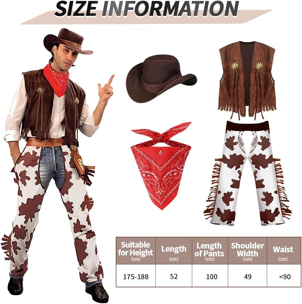 AUTOWT Adult Cowboy Costume, Western Cowboys Men Outfits with Sleeveless Vest, Hat, Neck Scarf One Size for Cosplay Halloween Party Favor Carnival Festival image number 6