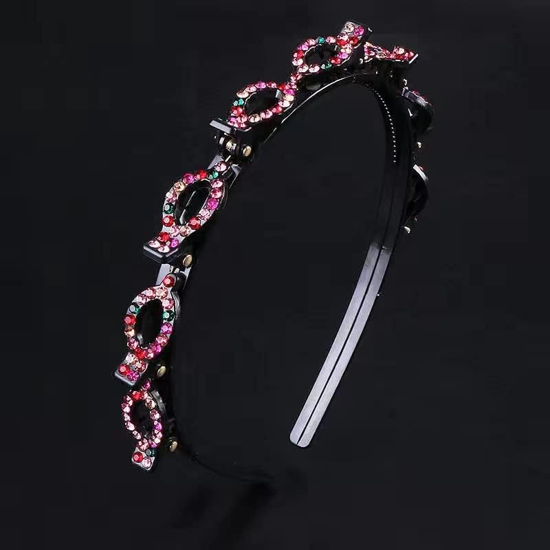 Woven Headband Rhinestone Clip Bangs Double Headband Hollow Braided Hairband (A)