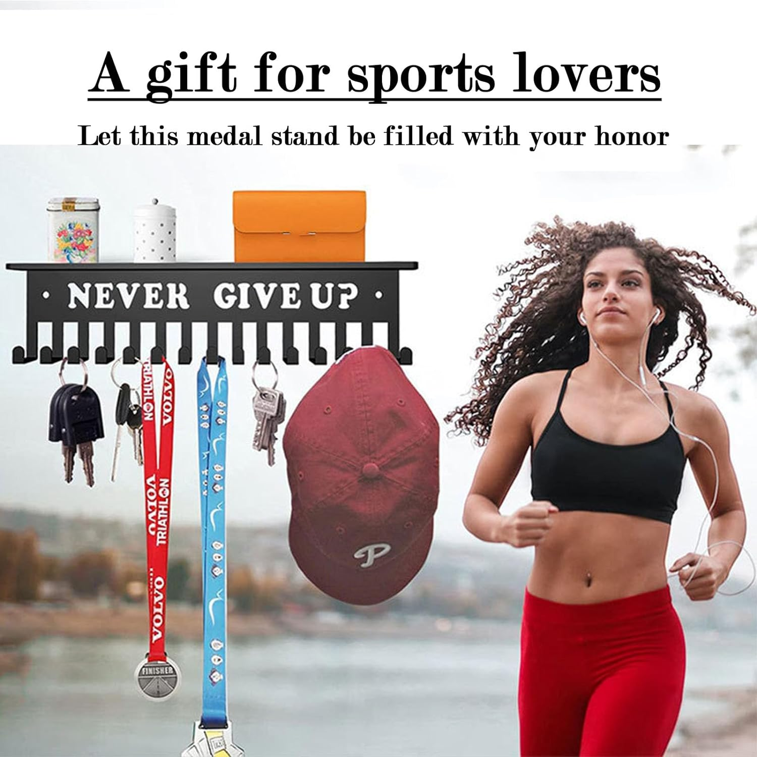 Medal Hanger Display,Trophy Shelf with 15 Hooks,Medal Holder Never Give Up,Upgraded Medal Display for Gymanstics,Race,Soccer,Swim