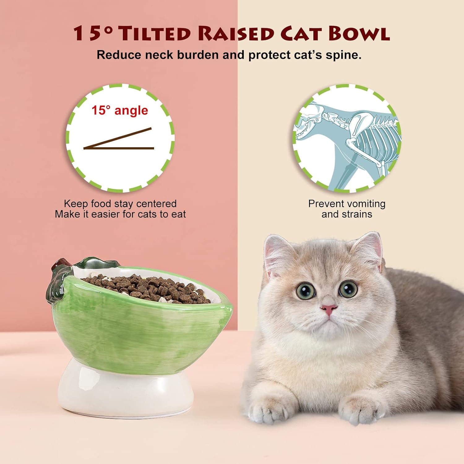 Tilted Elevated Cat Food Bowl - Raised Cat Dish anti Vomiting - Shallow Wide Ceramic Cat Bowl for Whisker Fatigue - Small Cat Feeding Bowls - Tall Cat Bowl - Lemon Shaped Cute Kitten Bowl - 4 Oz image number 2