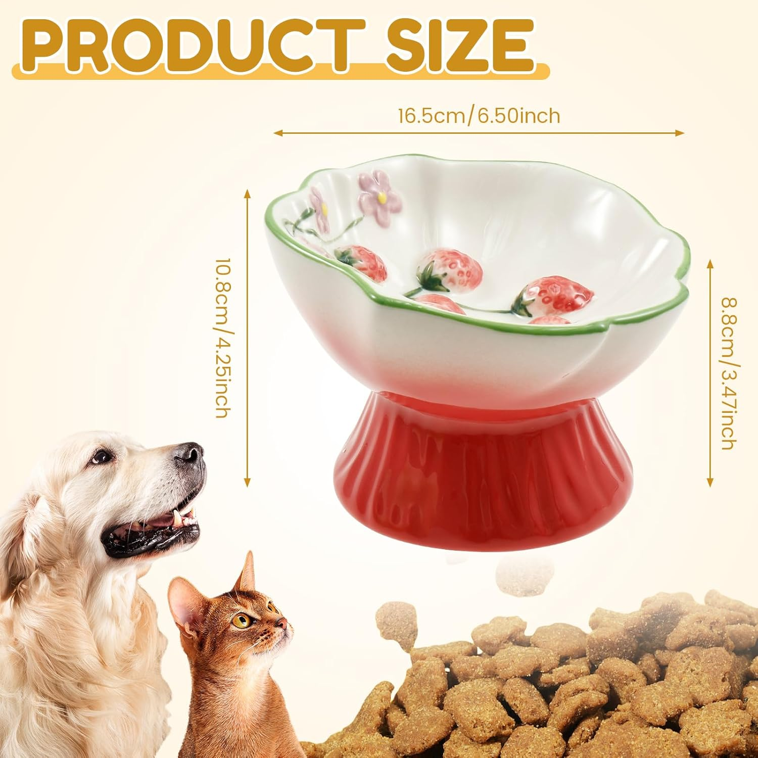 Raised Slow Feeder Cat Bowl, Ceramic Elevated Small Cat Food Bowl, 15&deg;Titled Glass Food Bowls Small Dogs Slow Feeder, Strawberry Shaped Cute Pet Dish for Dry and Wet Foods(Pink) image number 1