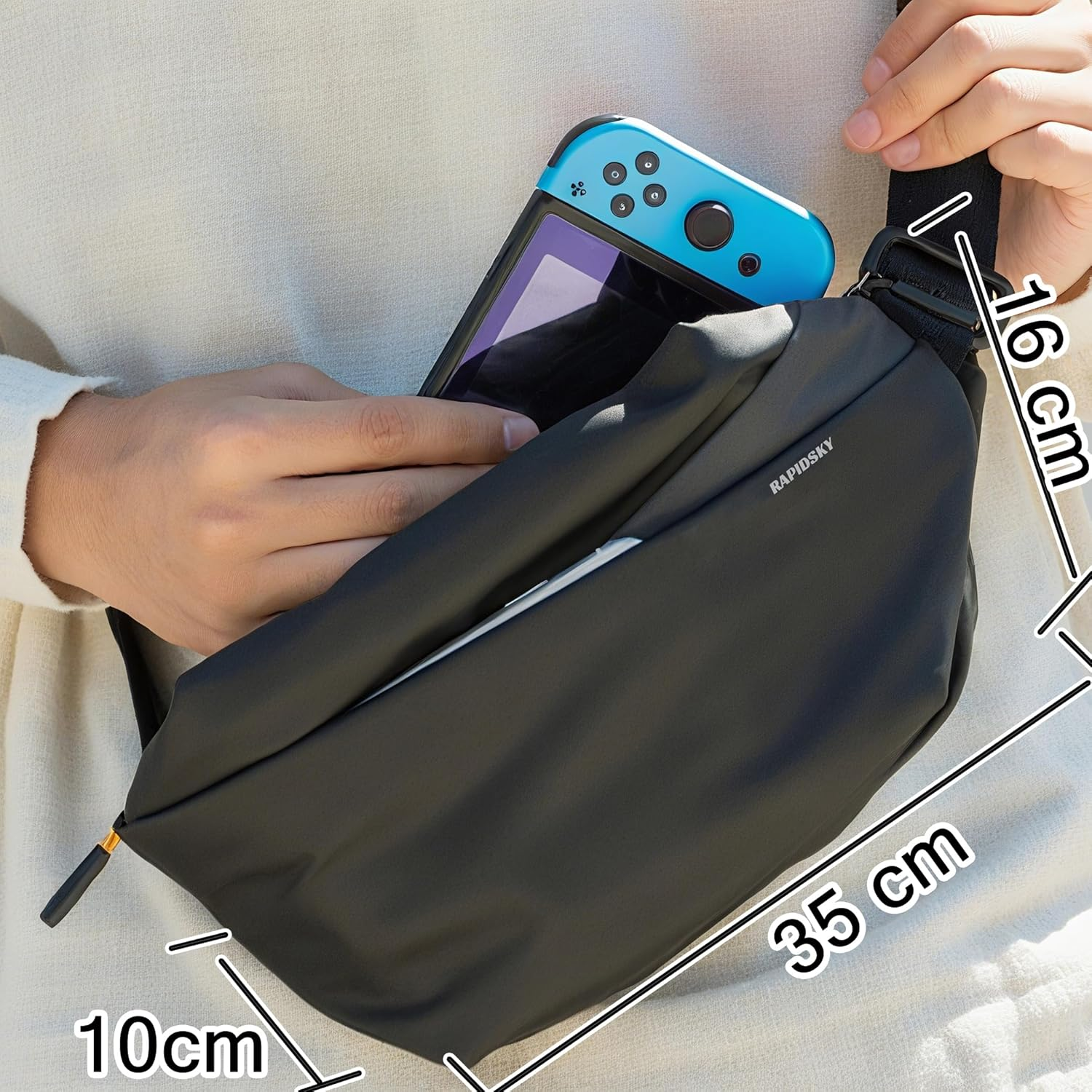 RAPIDSKY Lightweight Waterproof Messenger/Sling Bag - Adjustable Unisex Chest/Shoulder Pack Crossbody Shoulder Bag Backpack for Men and Women, Travel, Sports & Work - Soft Black image number 6