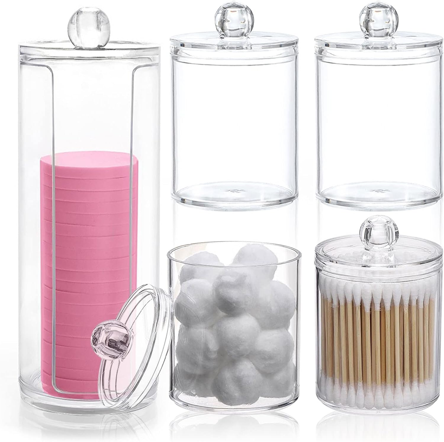 5Pcs Qtip Holder Dispenser, FHDUSRYO Cotton Pad Storage Organizer with Lid for Cotton Swab Floss, Clear Plastic Apothecary Jar Set for Bathroom Canister Storage Organization, Vanity Makeup Organizer