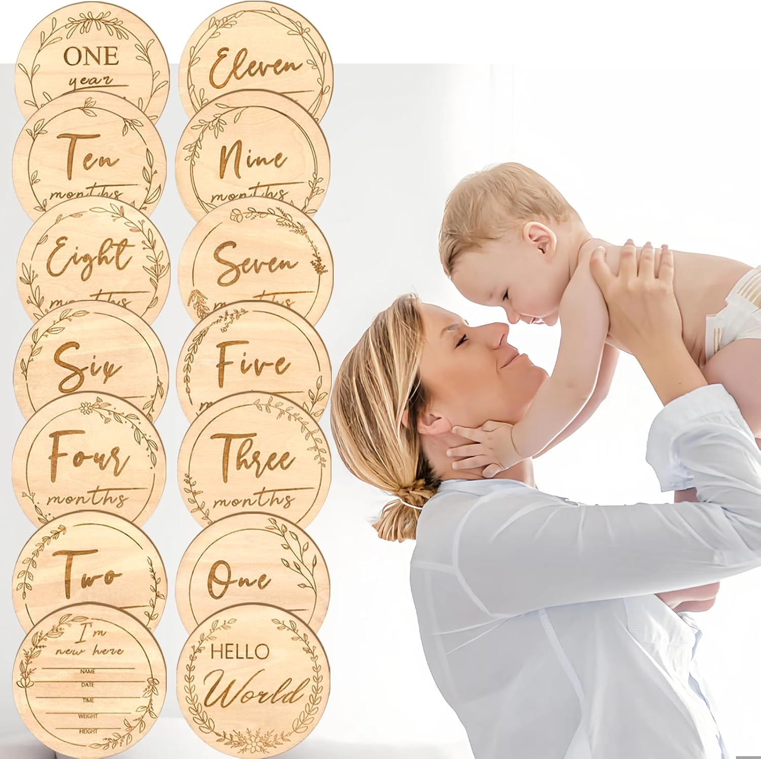 Baby Monthly Milestone,Beautiful Baby Milestone Signs-7 Double Sided Marker Wooden Circles Discs Newborn Photography Prop, Pregnancy Journey Birth Announcement Sign Baby Boy and Girl Gift Sets image number 5