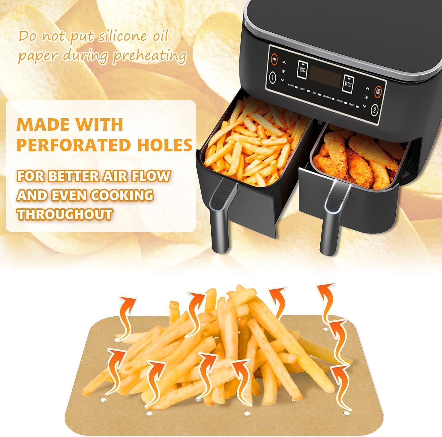 200Pcs Air Fryer Liners,Air Fryer Parchment Disposable Paper Liners for Ninja Foodi Dualzone 2-Basket Air Fryer DZ201 DZ401, Rectangle Non-Stick Perforated Baking Paper Airfryer Liners for Dual Basket