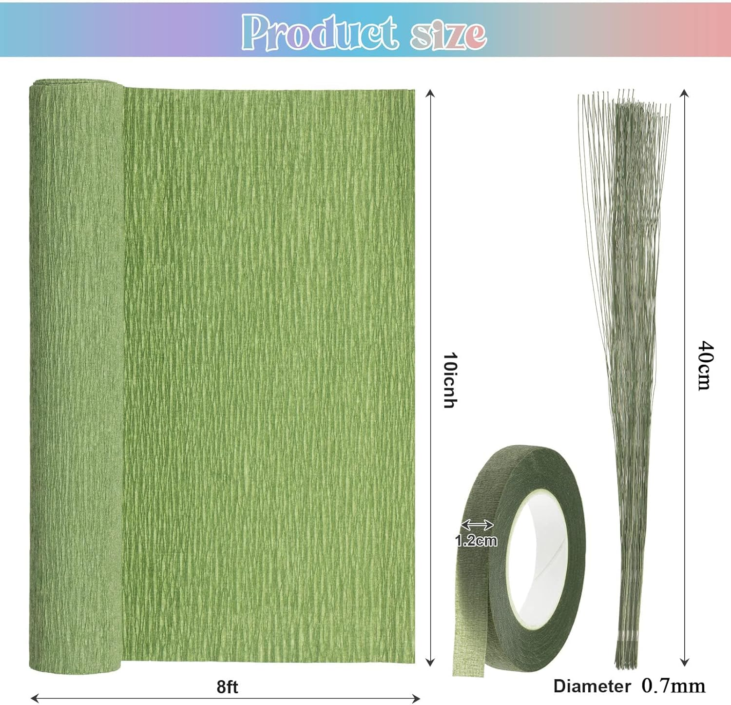 12 Rolls Crepe Paper Rolls 12 Colors Wide Crepe Paper Streamer Assorted Streamers with Floral Stem Wire and Green Floral Tapes for Birthday Party Ornament(Mixed Colors,8 Feet X 10 Inch) image number 3