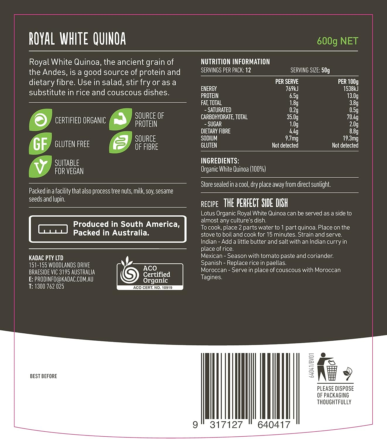 Lotus Organic White Quinoa Grain 600 G, 600 G image number 1