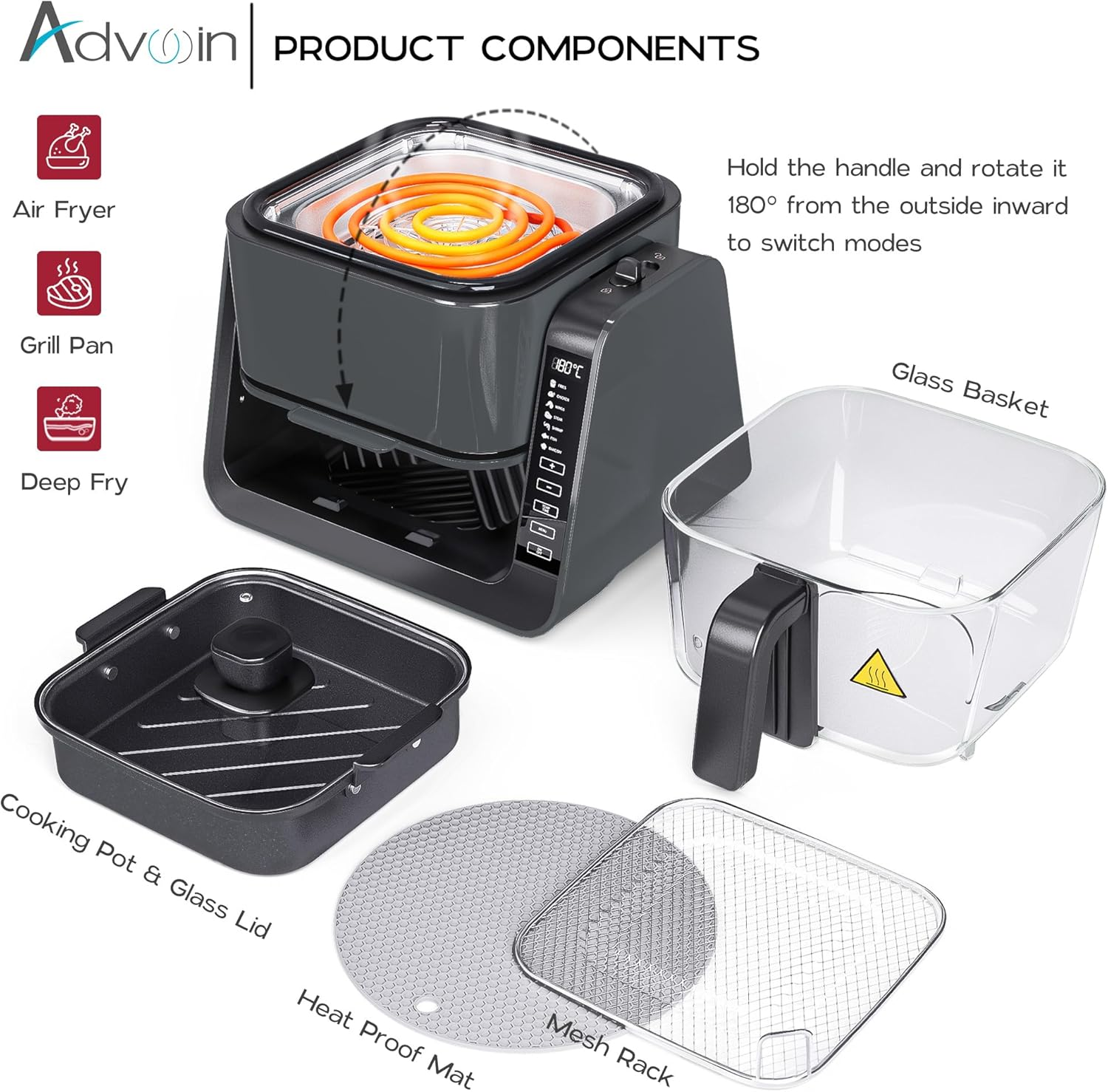 Advwin Multi-Function Air Fryer BBQ, Dual Zone Air Fryer & Top Grill, 7-In-1 Electric Cooker with Touch Screen, 4L Oil-Free Oven for Frying, Baking, Grilling, Roasting | Top Grill & Bottom Fryer image number 6