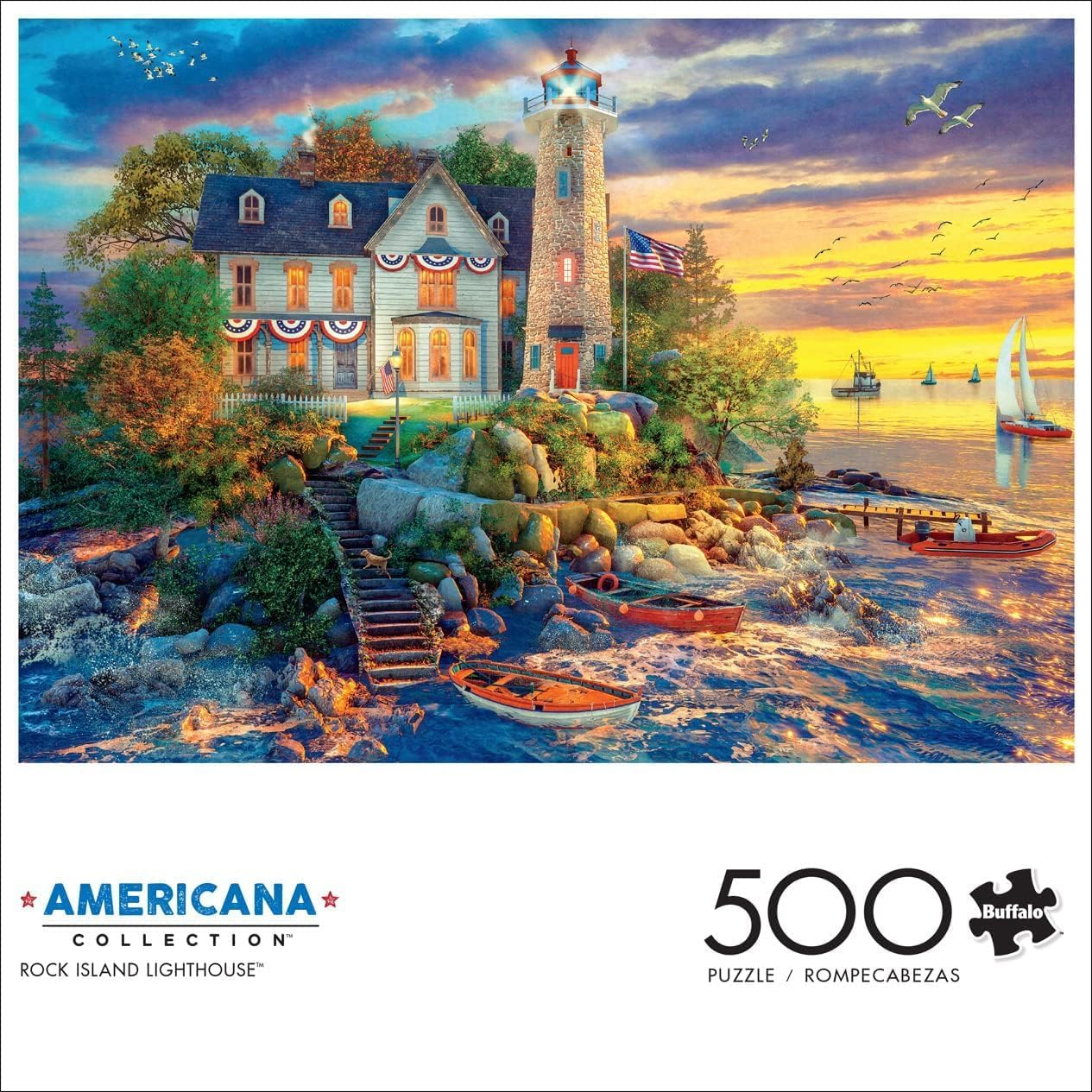 Buffalo Games - Charles Wysocki - Rock Island Lighthouse - 500 Piece Jigsaw Puzzle, Multi image number 1