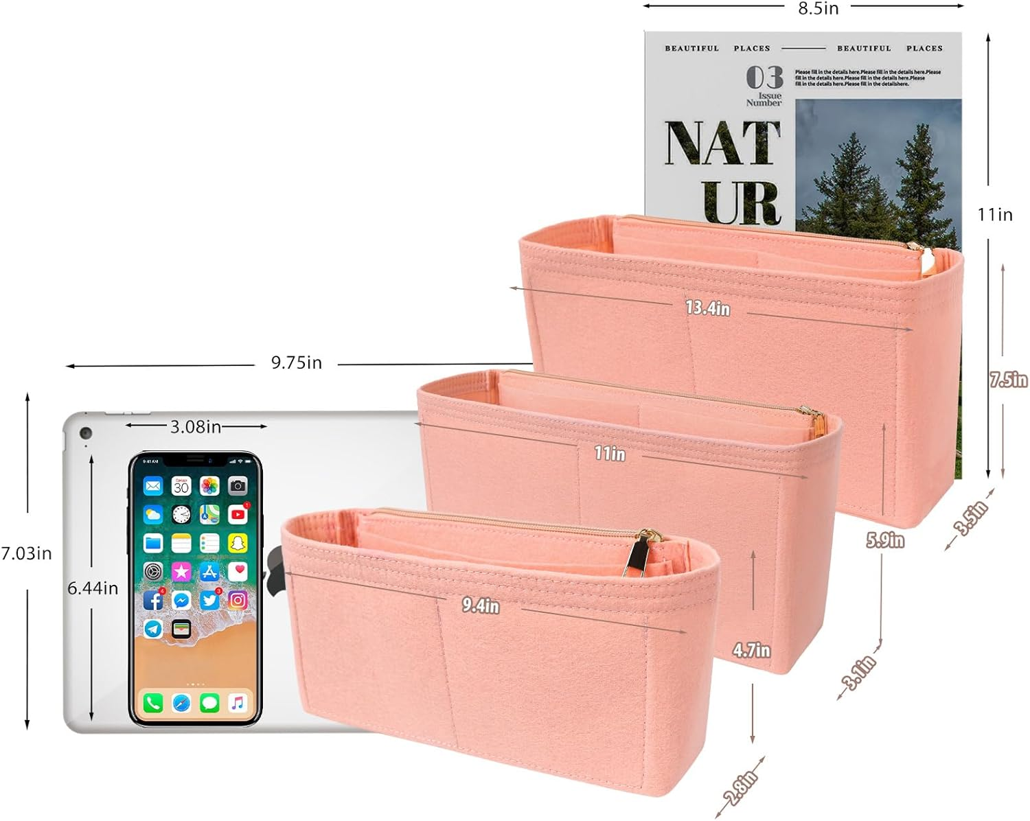 Surblue Purse Organizer Insert for Handbags, Felt Bag Organizer with Zippers Handbag Shaper Pouch for Classic 19 Flap Bag, Marmont, Onthego,（Lightpink, Slender L） image number 3