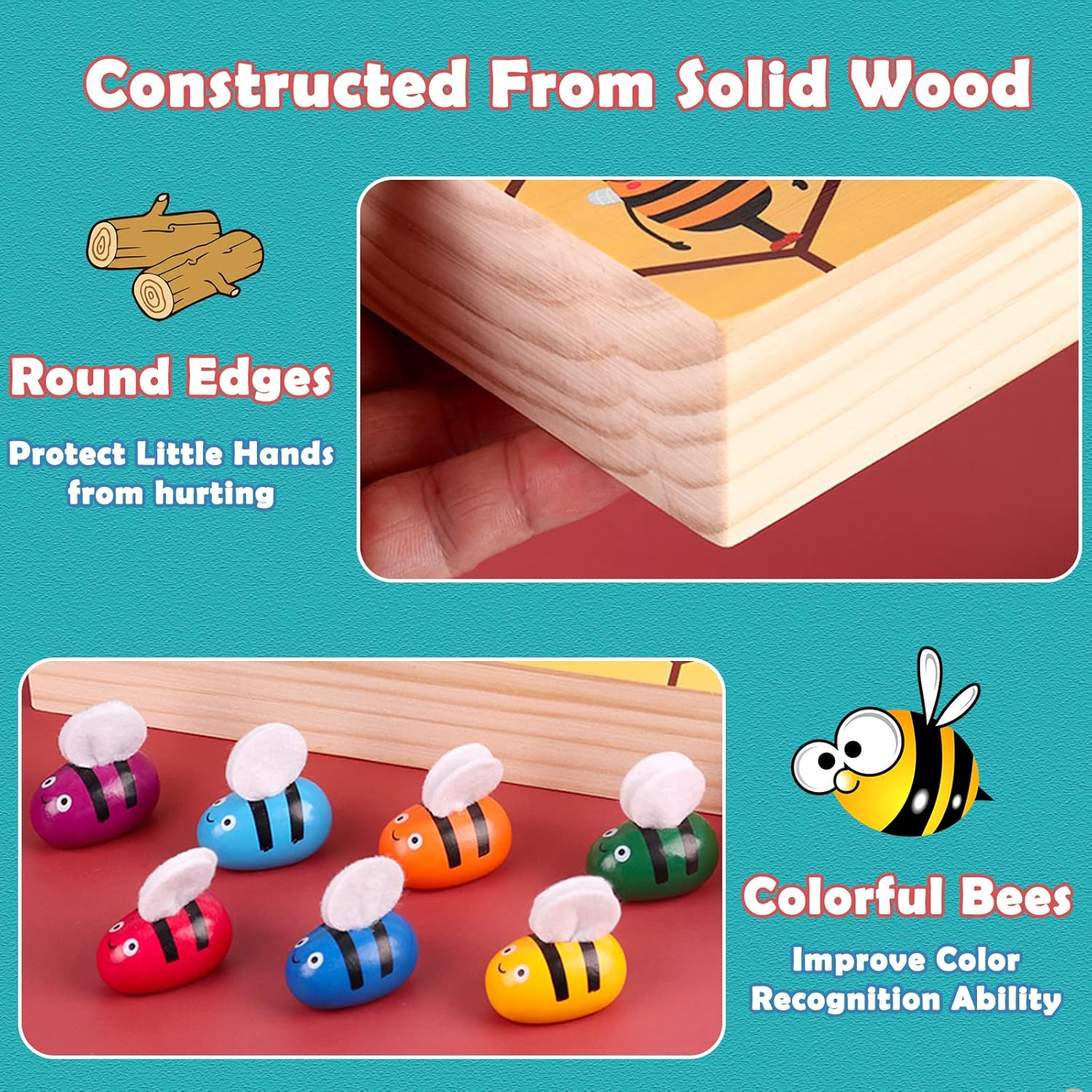 YUNCHY Toddler Fine Motor Skill Toy, Bee to Hive Matching Game, Montessori Wooden Color Sorting Matching Toy, Preschool Educational Learning Toys Toddler 2 3 Years Old image number 2
