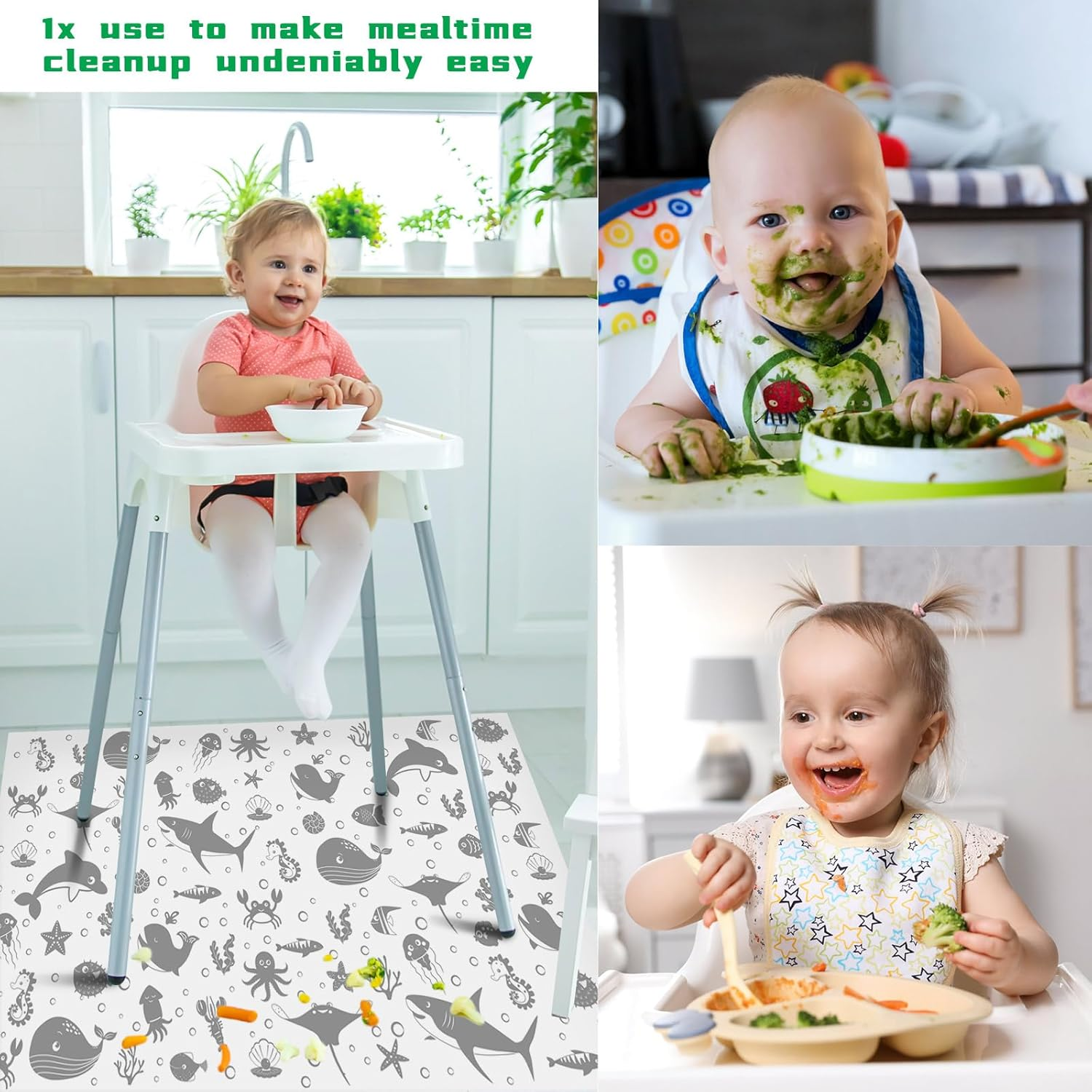 100 Pack 28"X47" Disposable Floor Splat Mats for under High Chair with Animals Print, Waterproof Plastic Floor Mat Multipurpose Baby Led Weaning Supplies(Sea Animal) image number 4