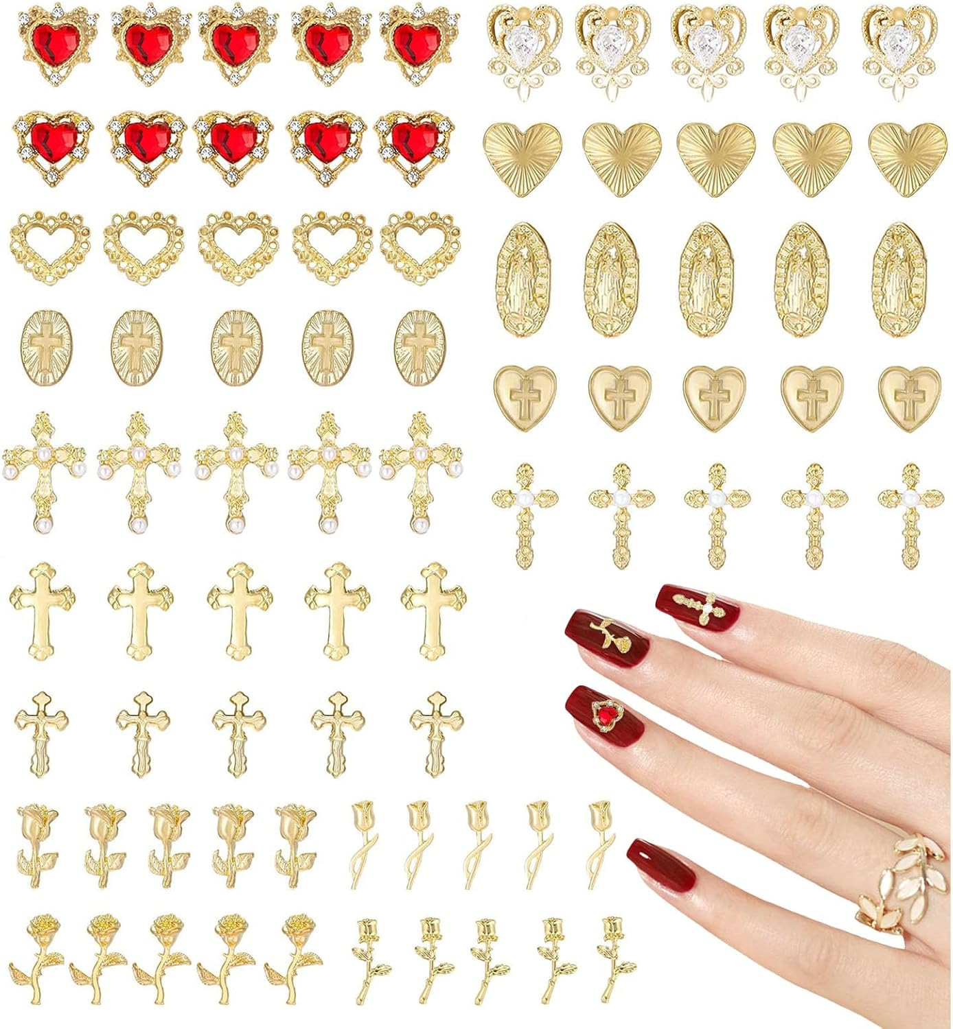 Gold Nail Charms 80 Pieces Cross Rose Heart Virgin Mary Nail Accessories Alloy Nail Accessories for Manicure Design Decorations DIY Crafts image number 6