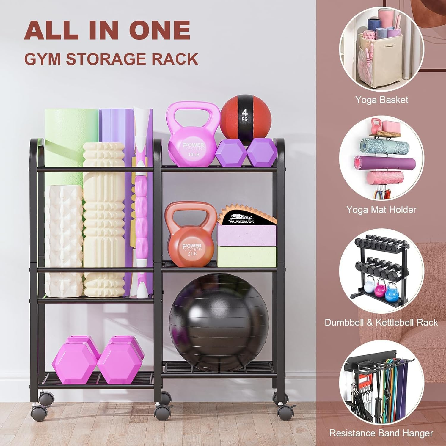 Yoga Mat Storage Rack Yoga Mat Holder Home Gym Equipment Workout Equipment Storage Organizer for Yoga Block,Foam Roller,Resistance Band,Dumbbell,Kettlebel image number 6