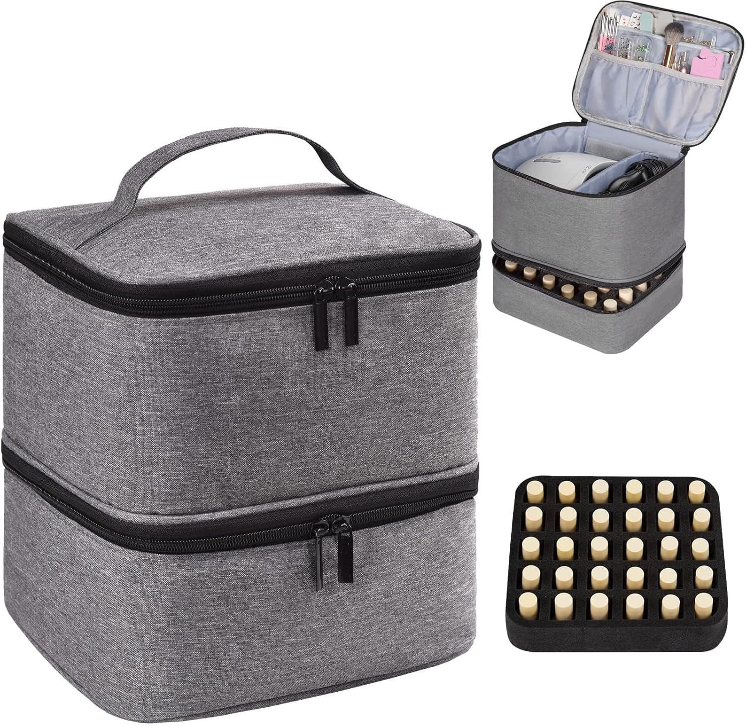 Nail Polish Bag Large Travel Makeup Bag with 3 Inner Removable Pouches, Hair Bag Cosmetic Bag with Detachable Dividers, Professional Manicure Kit,Purple