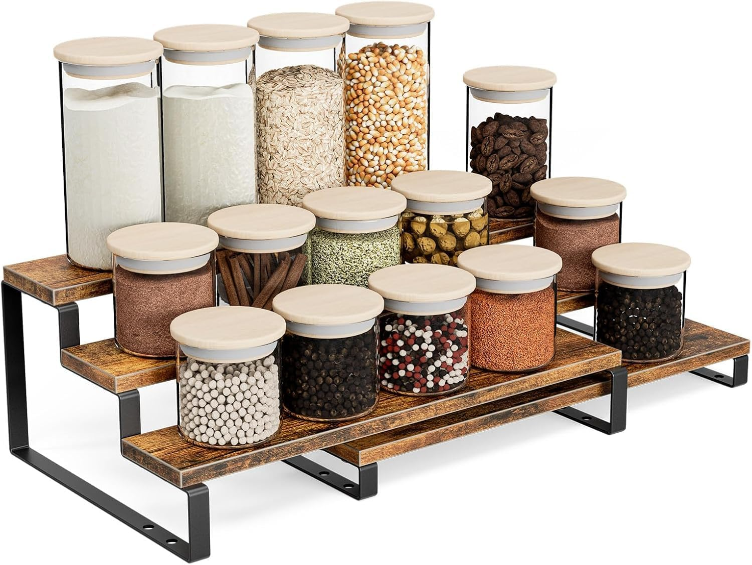 3-Tier Spice Rack Organiser, Kitchen Cabinet Shelf with Wood and Metal Design, 30 Cm Wide, Set of 2, Rustic Brown