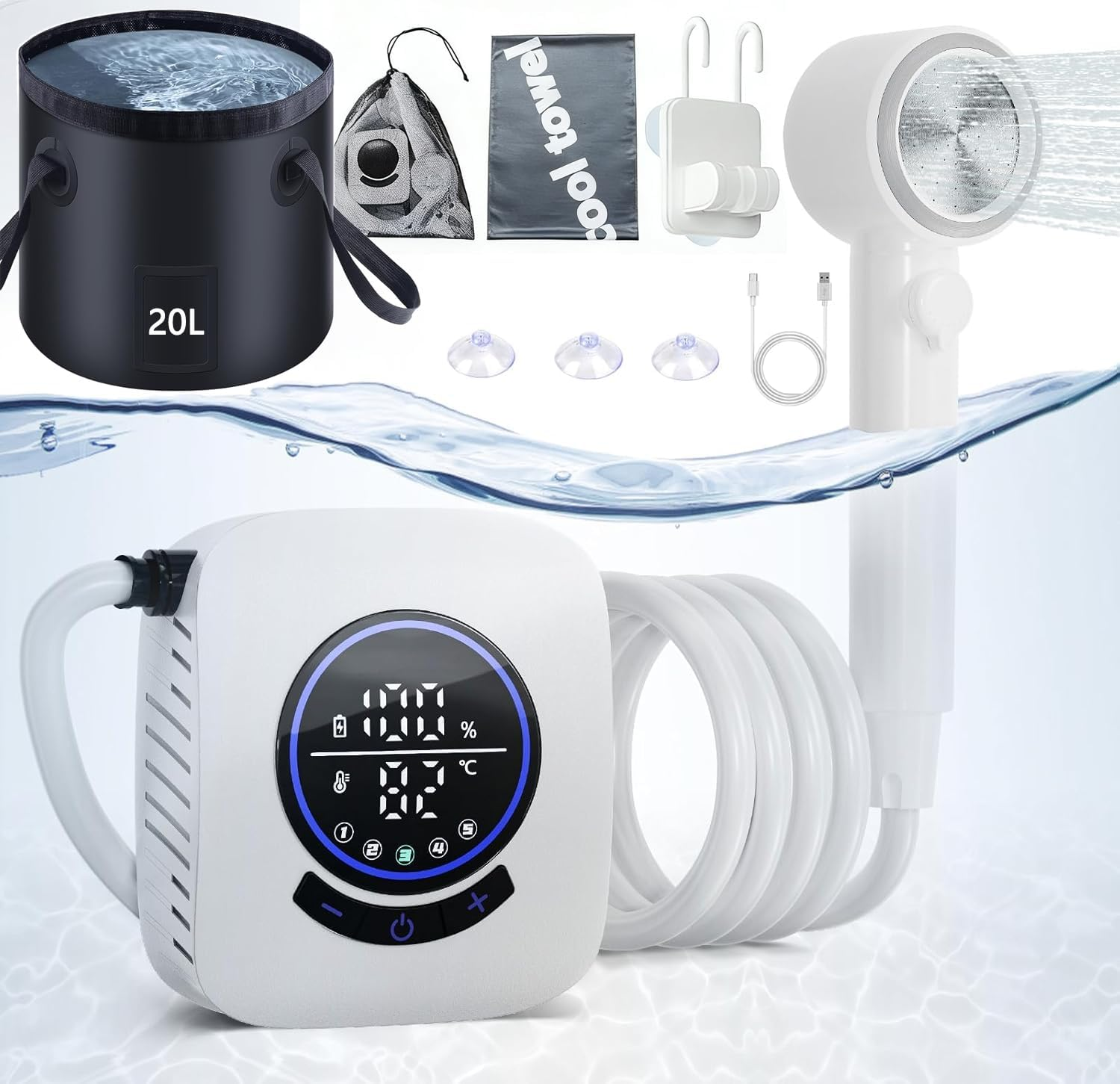8000Mah Portable Shower for Camping, Rechargeable Camping Shower with Intelligent Led Display, IPX8 Waterproof, 5-Speeds Control, 4 Spray Modes with 20 L Water Foldable Bucket, Cooling Towel Set image number 4