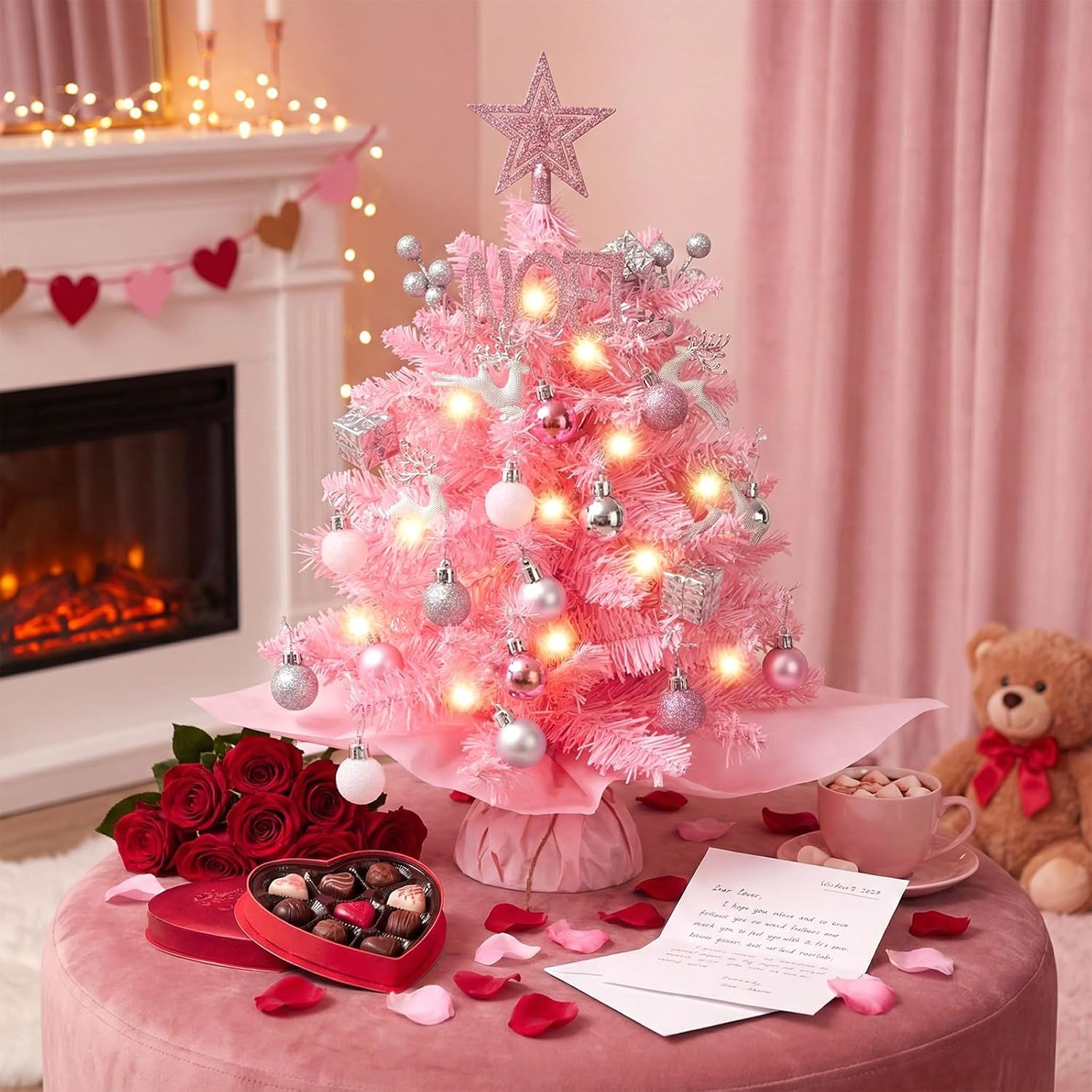 20" Mini Pink Christmas Tree, Artificial Small Table Top Christmas Tree with Warm Lights, Star Treetop and Ornaments, Tabletop Christmas Tree for DIY Pink Christmas Decoration Gifts - Pink image number 5