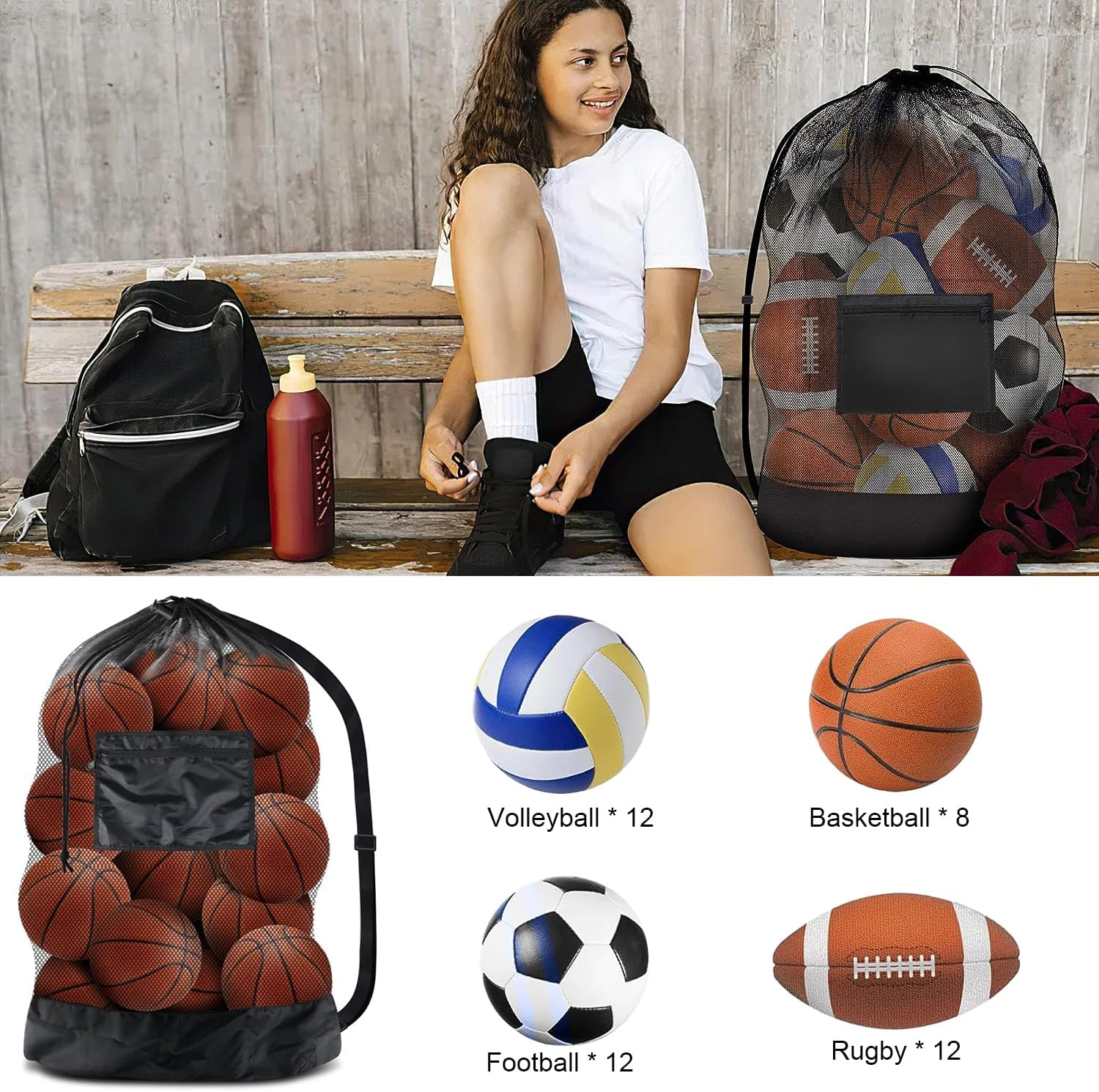Ball Storage, Large-Capacity Ball Bag, Mesh Drawstring Football Storage Bag, Sports Equipment Bag with Shoulder Strap, with Slip Pocket, Can Be Used for Basketball, Football, Volleyball, 30*40 Inches