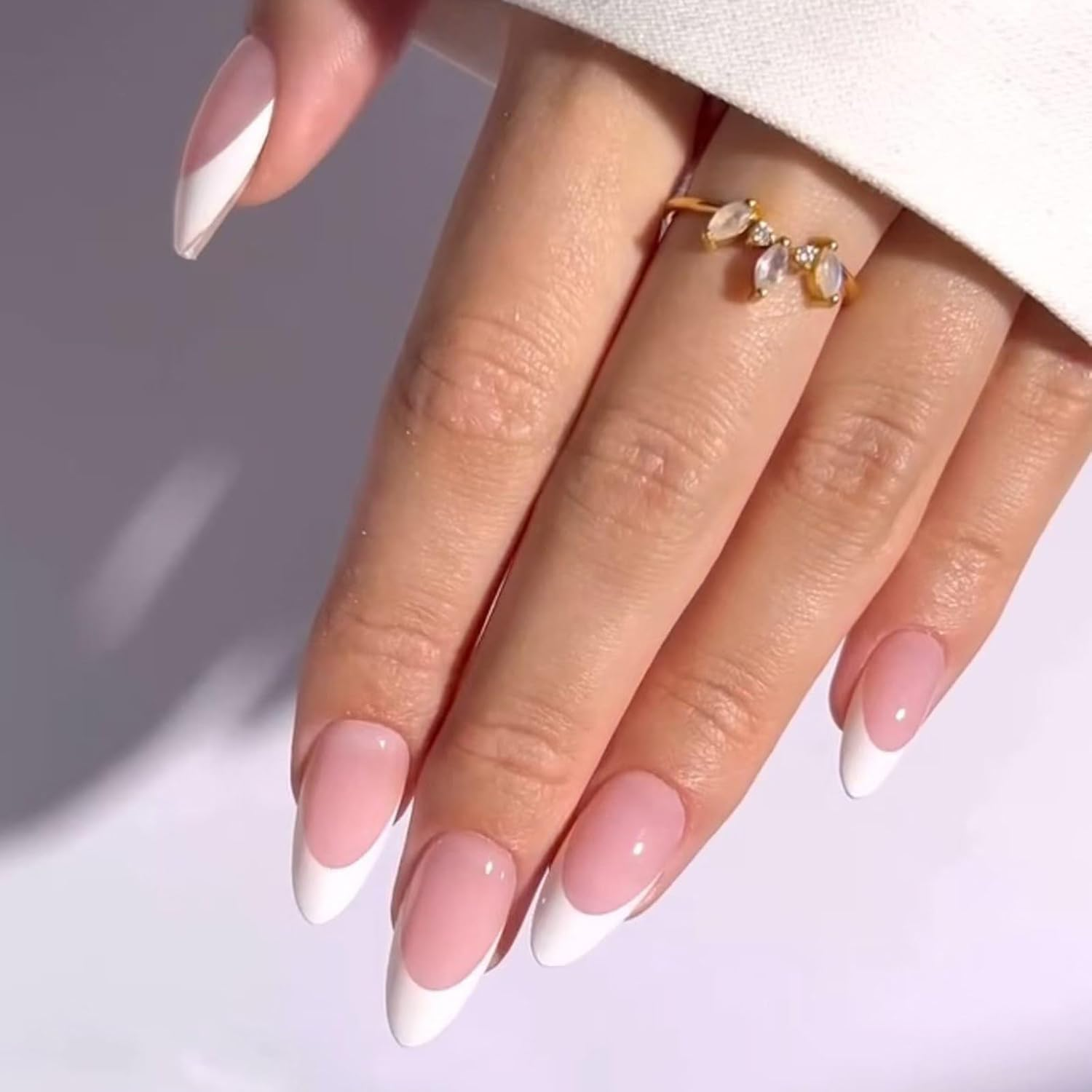 24 Shiny French Tips Faux Elegant Full Coverage Stick on Short Almond Acrylic image number 3