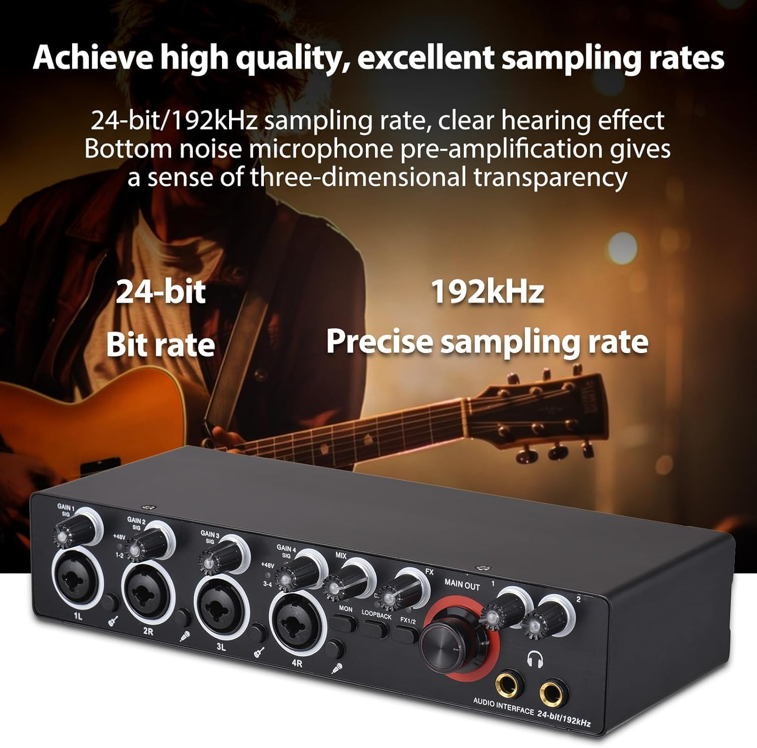 Mingzhe 4 Channels Recording Sound Card with Driver Free Audio Interface, 4-In 4-Out USB Sound Card 24 Bit/192Khz 48V Phantom Power Supply for Professional Recording of Live Streaming Karaoke image number 2