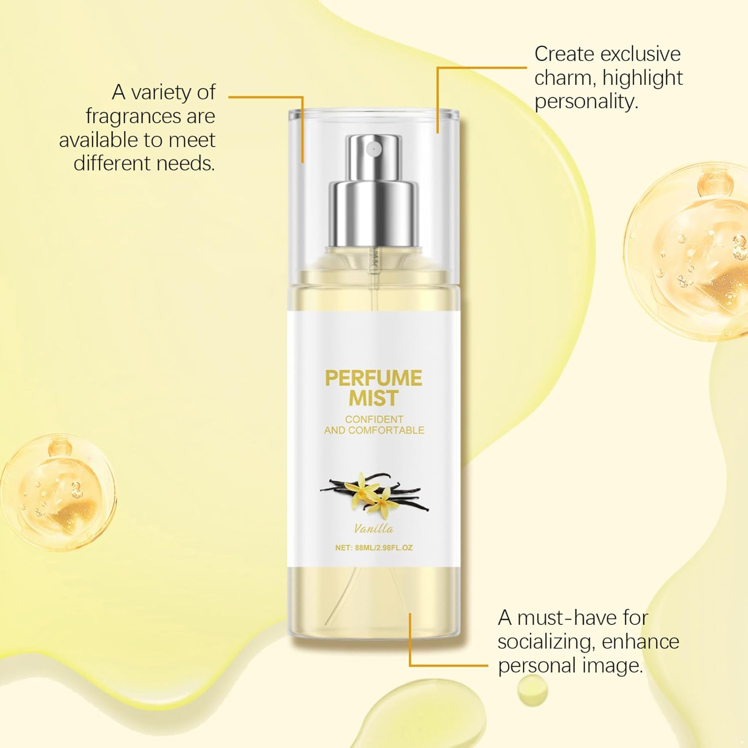 Miutii Long Lasting Vanilla Body Spray Unisex for Women Men 88Ml Sweet Aroma 24 Hours Lightweight Comfortable Daily Fragrance Yellow One Size image number 1