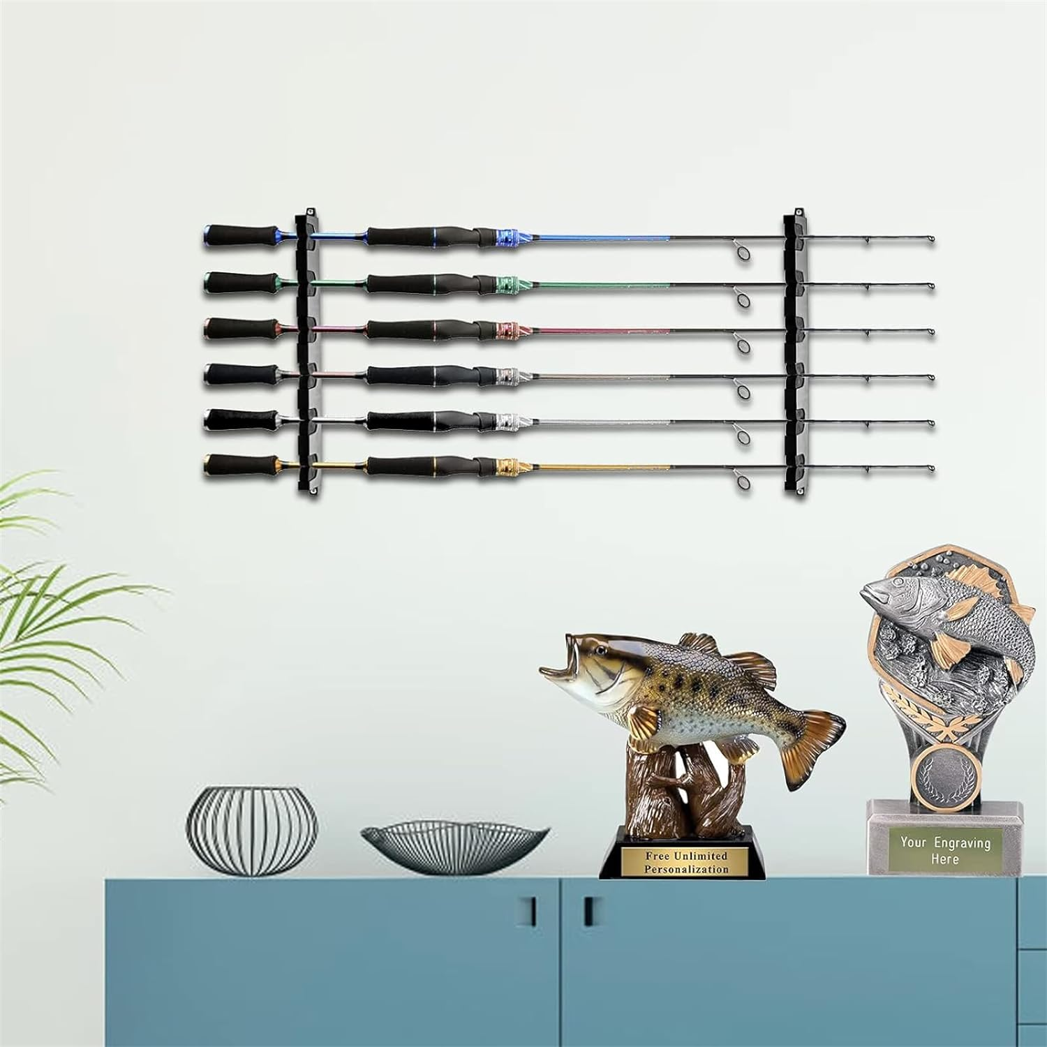 2 Pack Horizontal Fishing Rod Holders for Garage, Fishing Pole Holders to Hold 6 Rods, Wall Mounted Fishing Rod Rack, Kayak Fishing Pole Storage Holder and Rack image number 1