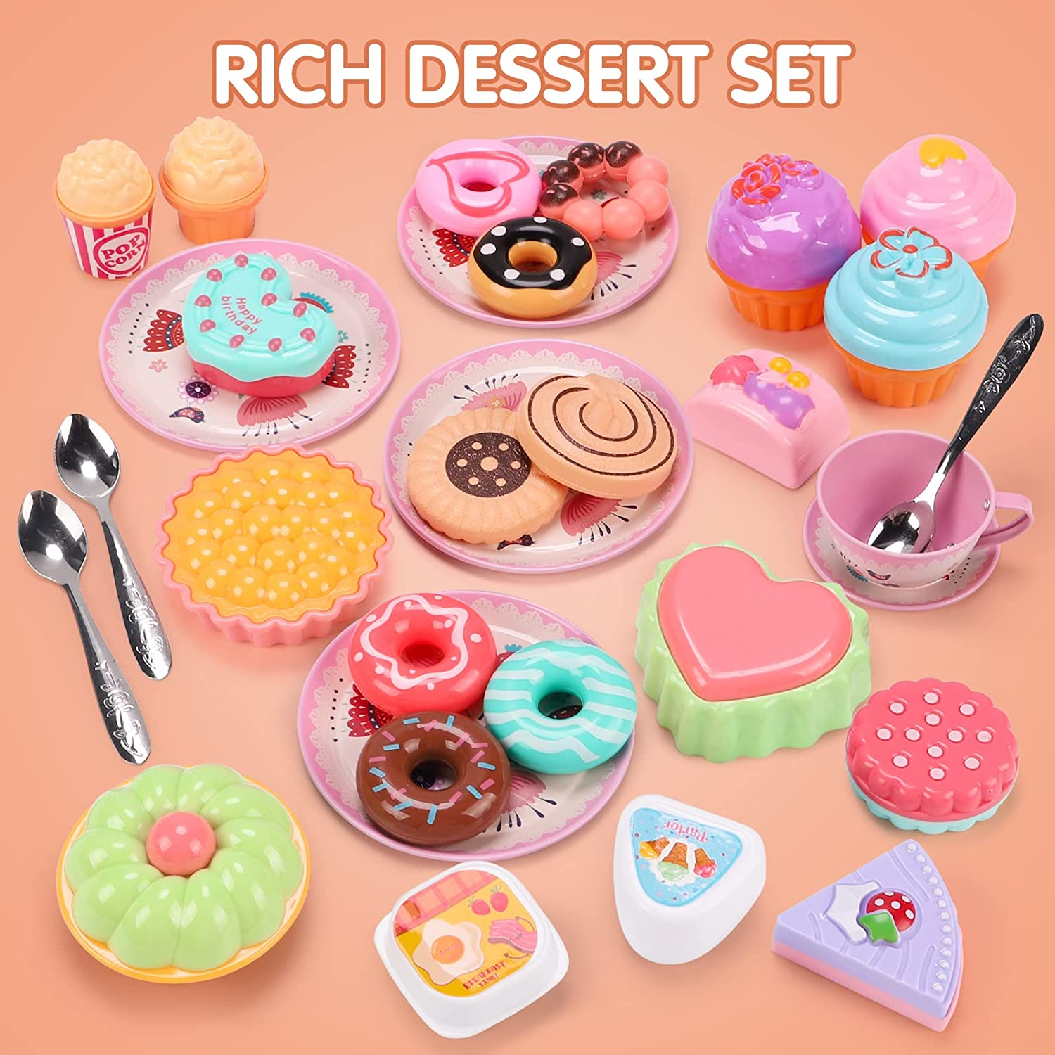REMOKING 45 PCS Kids Tea Party Set for Little Girls,Tea Set Including Pretend Tin Teapot,Dessert,Cookies,Doughnut,Ice Cream, Kids Kitchen Pretend Play Playset,3 4 5 6 7 Year Old Boys Girls Gifts Toy image number 2