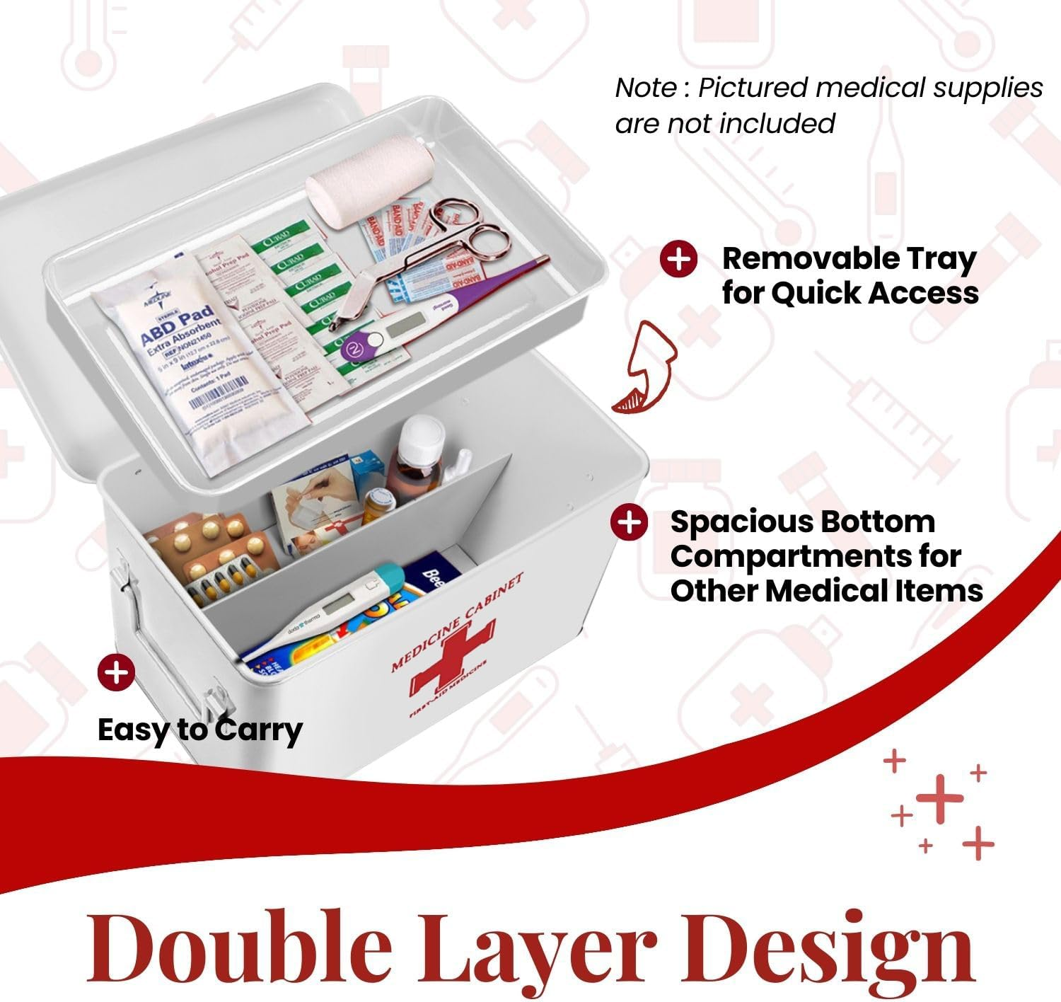 Flexzion First Aid Box Organizer Empty 13" White Vintage First Aid Kit Tin Metal Medical Box - First Aid Storage Box Container Bins with Dividers, Removable Tray and Red Cross Logo image number 3