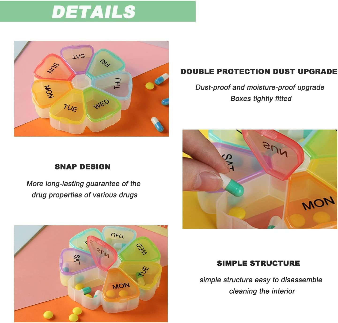 2 Pack Pill Organizer, Betterjonny 7 Day Portable Medicine Box Case with Large Compartments, to Hold Daily Medication, Vitamins Fish Oil, Supplements