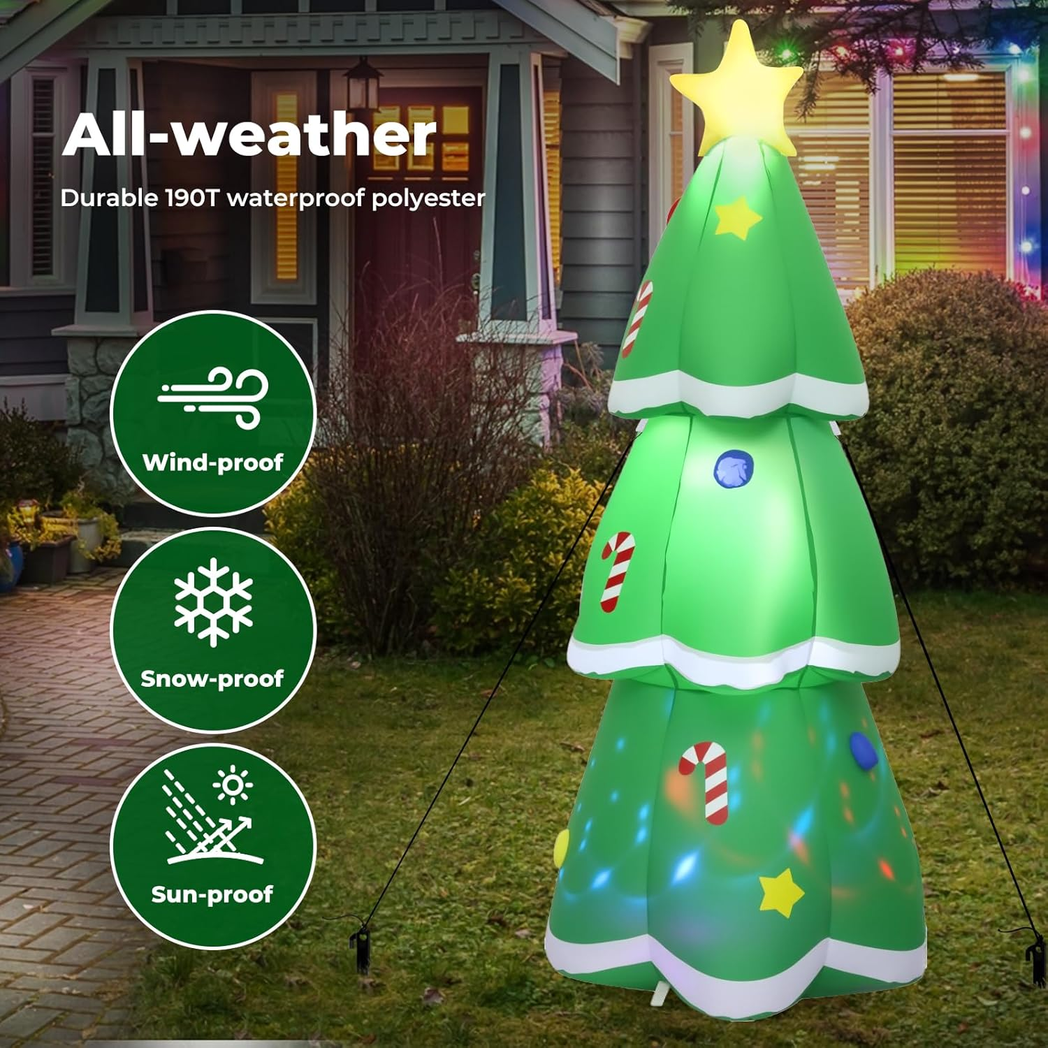 Santaco Christmas Inflatable Xmas Blow up Tree Decoration Built-In Fan, 7-Color Flashing LED Lights & Music,Lighted Star Treetop,For Holiday Party Gifts, Yard, Backyard, Home Garden Decor, 150CM image number 5