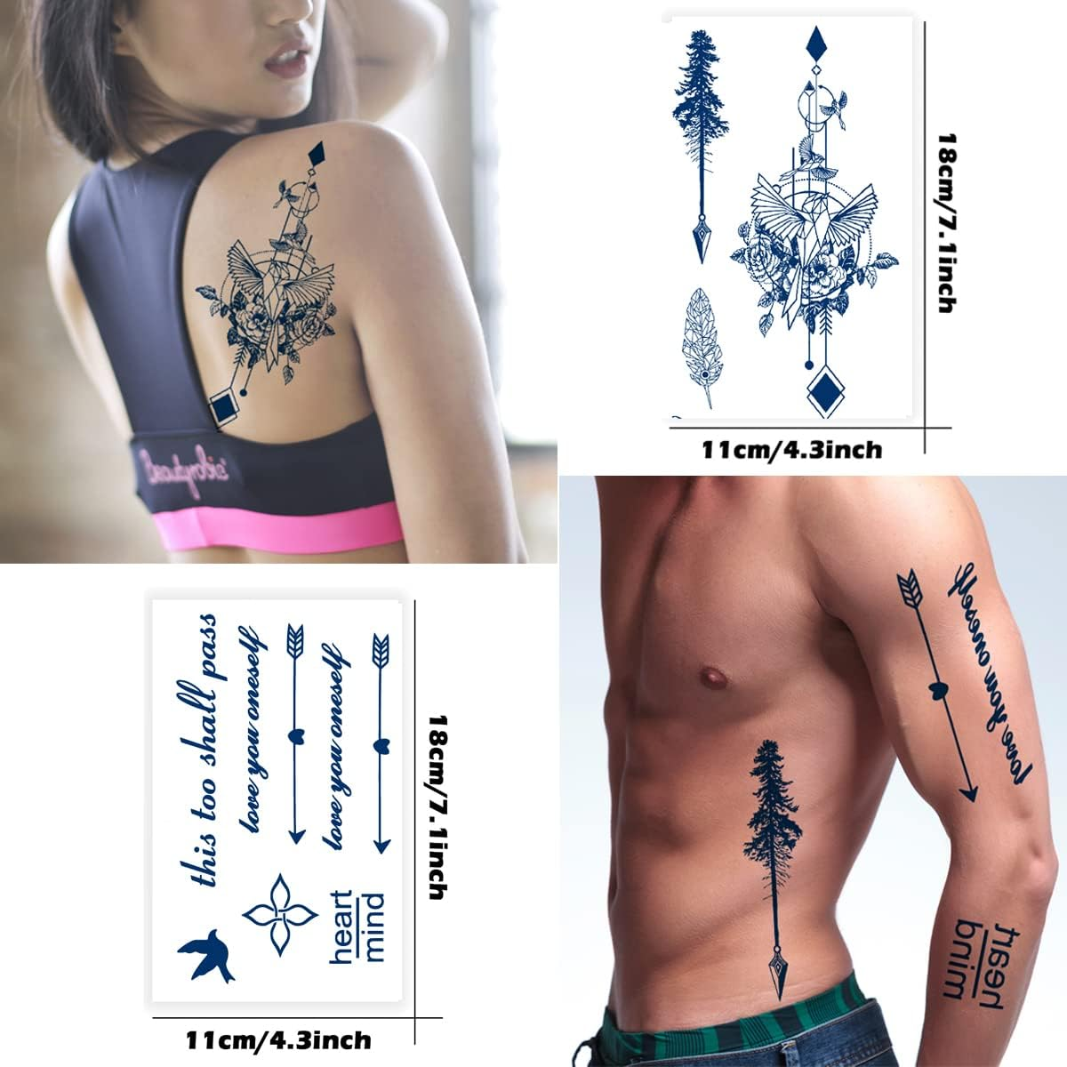 PADOUN Arrow Semi Permanent Tattoo, 6-Sheet Long Lasting 1-2 Weeks Temporary Tattoos Arrow Feather English Letter Bird Tattoo Stickers, 100% Plant-Based Ink Infinity Realistic Fake Tattoos for Women Kids Waterproof image number 2
