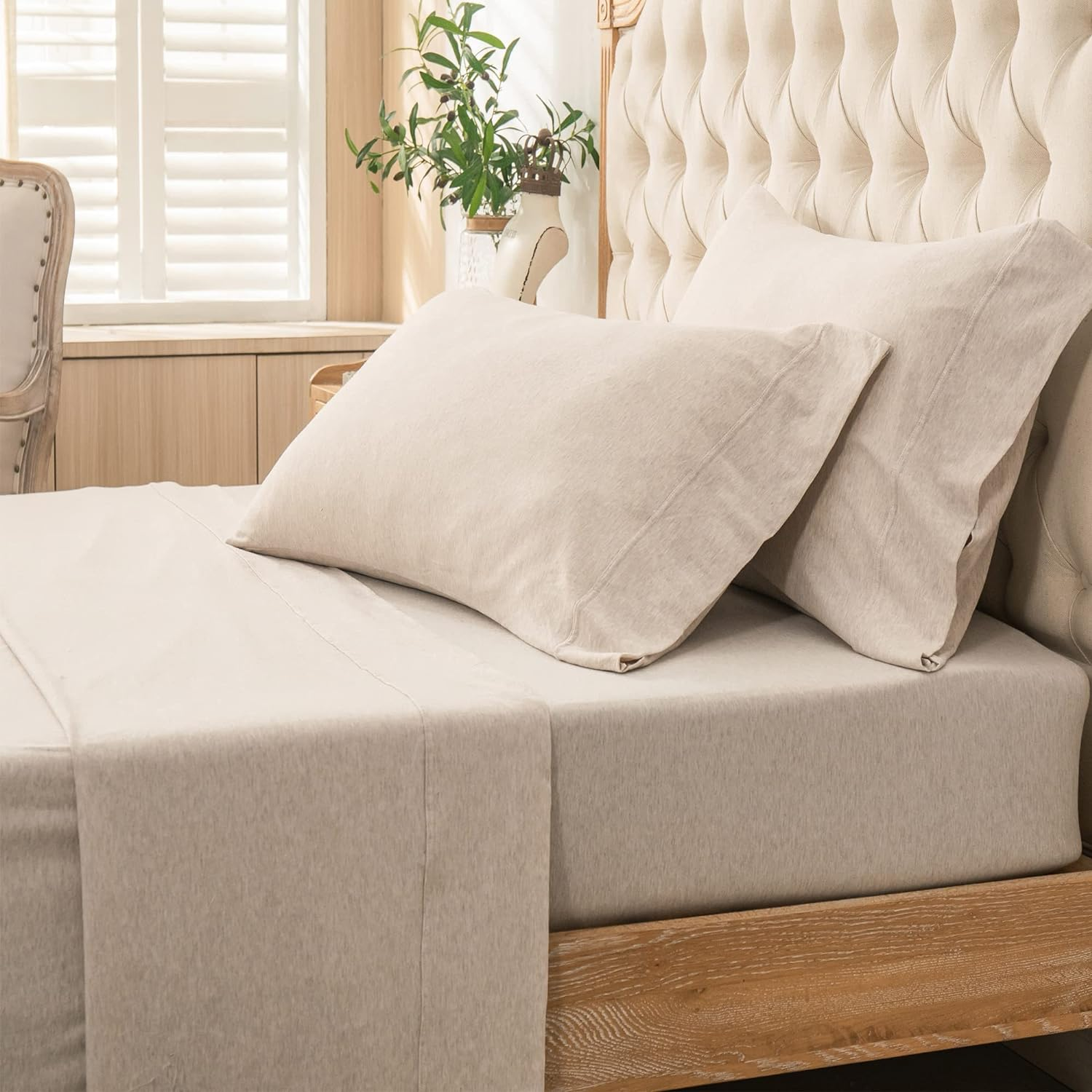 PURE ERA Jersey Knit 4Pc Bed Sheet Set 100% T-Shirt Heather Cotton Super Soft Comfy Breathable Fits Mattress up to 20" Extra Deep Pocket (Heather Beige, Queen)