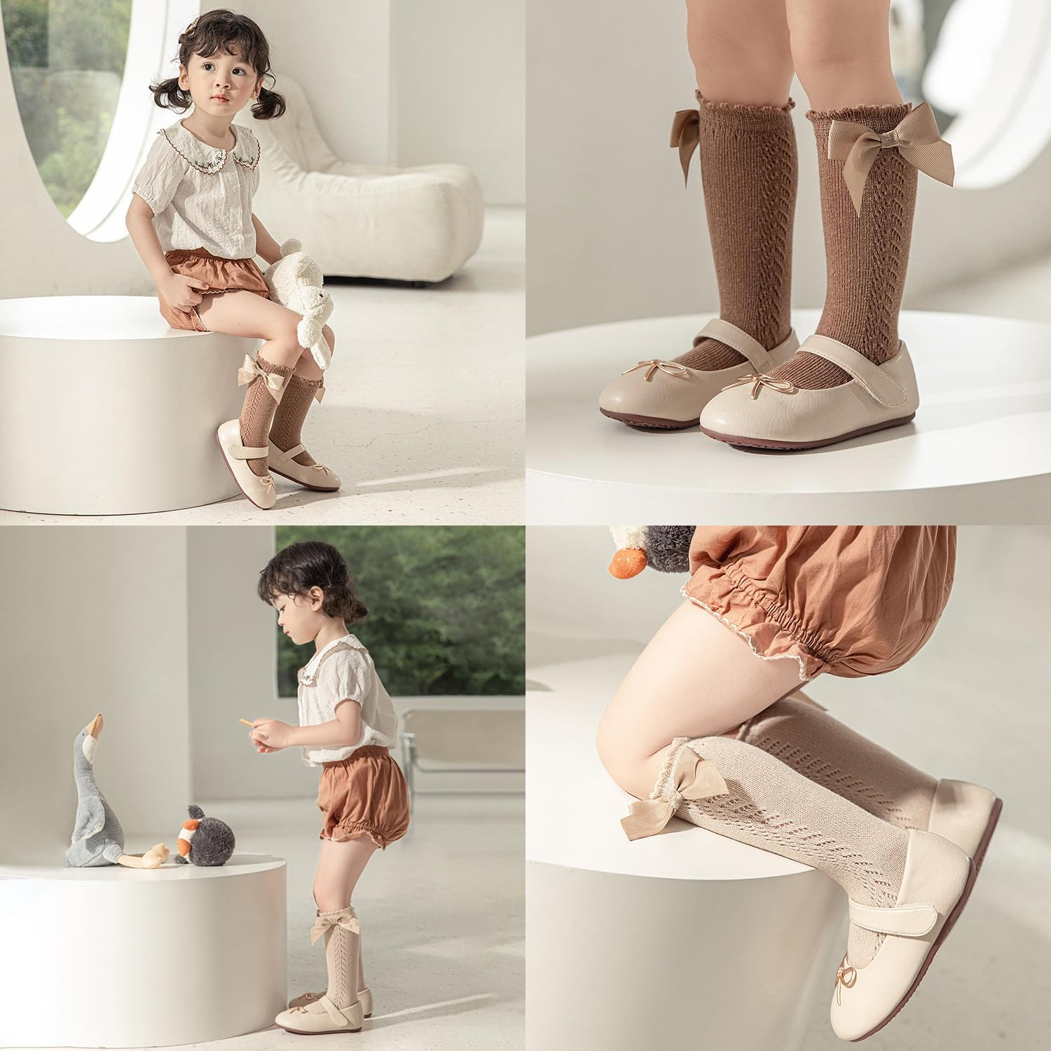 5 Pairs Baby Girls Knee High Socks, Infant Toddler Breathable Knit Bow Stockings Ruffle Knee High Socks Newborn Girls Long Stocking Socks Tube Ruffled Dress Socks Soft Cotton Princess Frilly Socks image number 2