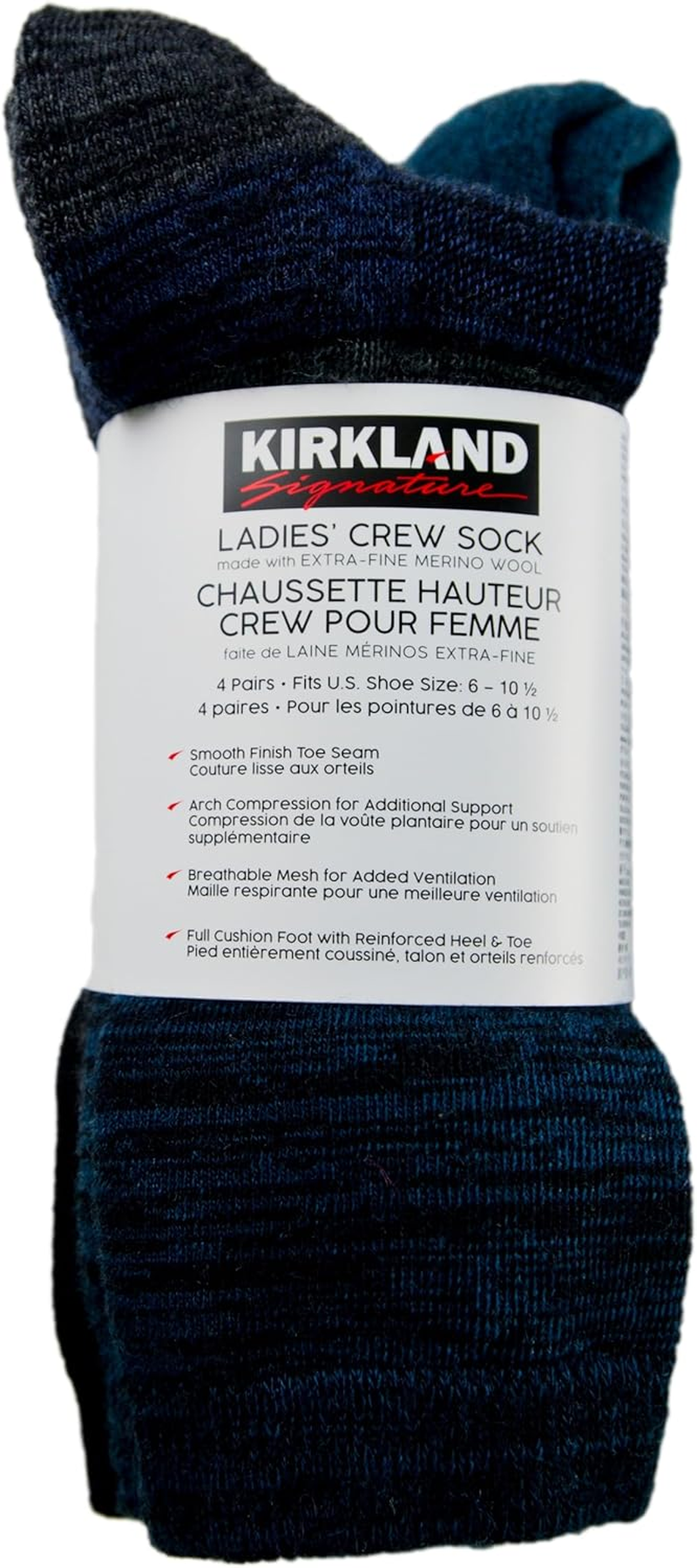 KIRKLAND Signature Ladies' Extra-Fine Merino Wool Crew Socks, Blue, 4 Pairs, Blue image number 1