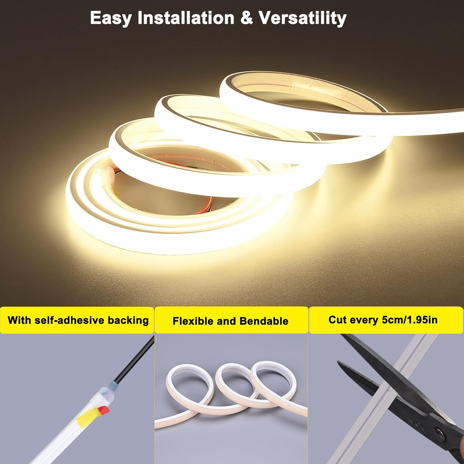 TOPAI COB LED Strip 5M Natural White Waterproof IP67, DC24V Ultra Bright 1200LM/M (11W/M), Diffused Neon LED Strip 4000K, CRI>92, 480LED/M Cuttable Self Adhesive for Indoor Outdoor Lighting