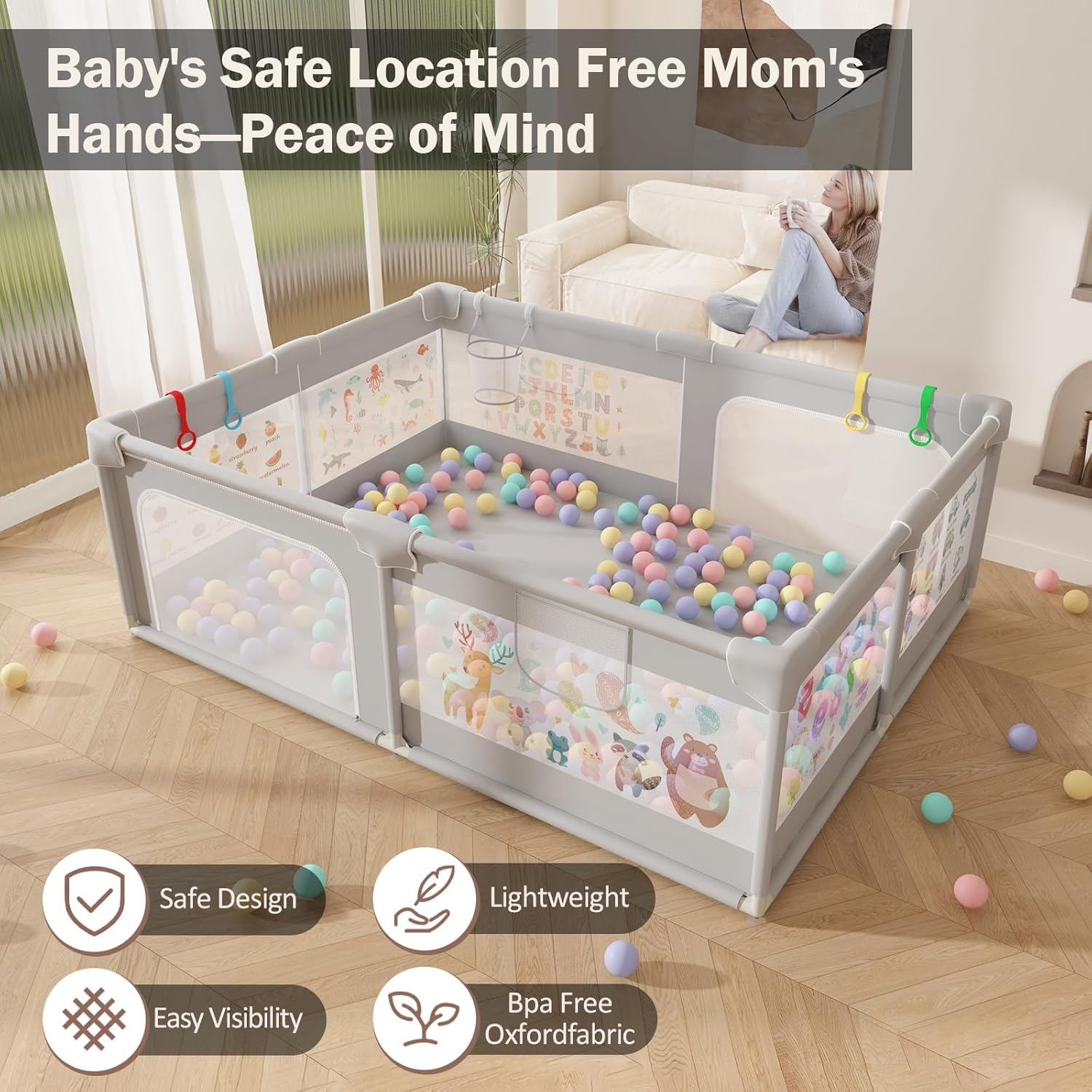 200X150Cm Playpen Baby, Extra Large Play Pen for Toddlers with Pattern Anti-Slip Sturdy Baby Play Yards Fence with 50 Balls, 4 Pull Rings, Balls Storage, Ball Storage & Zipper Door (Gray) image number 6