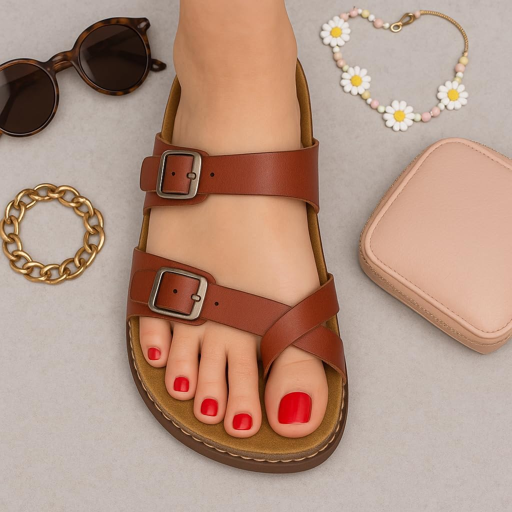 CUSHIONAIRE Pluto Cork Footbed Summer Sandals for Women Comfortable Slides with Adjustable Buckles, Toe Loop & Stitched Design &ndash; Stylish Slip on Women Footwear image number 6