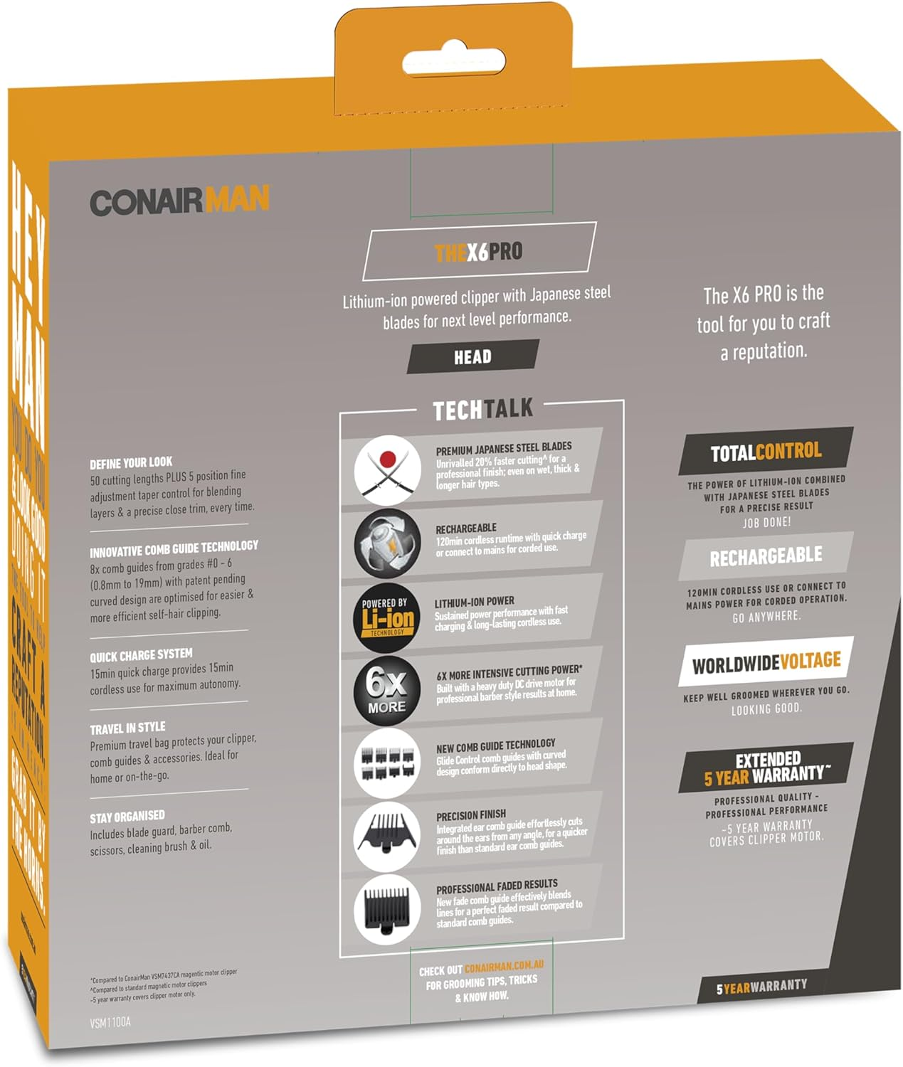 Conairman X6 PRO Cordless Hair Clipper &ndash; Japanese Steel Blades, 50 Cutting Lengths with Taper Control, 6X Power DC Motor, Corded & Cordless Use, Quick Charge, Travel Bag image number 4