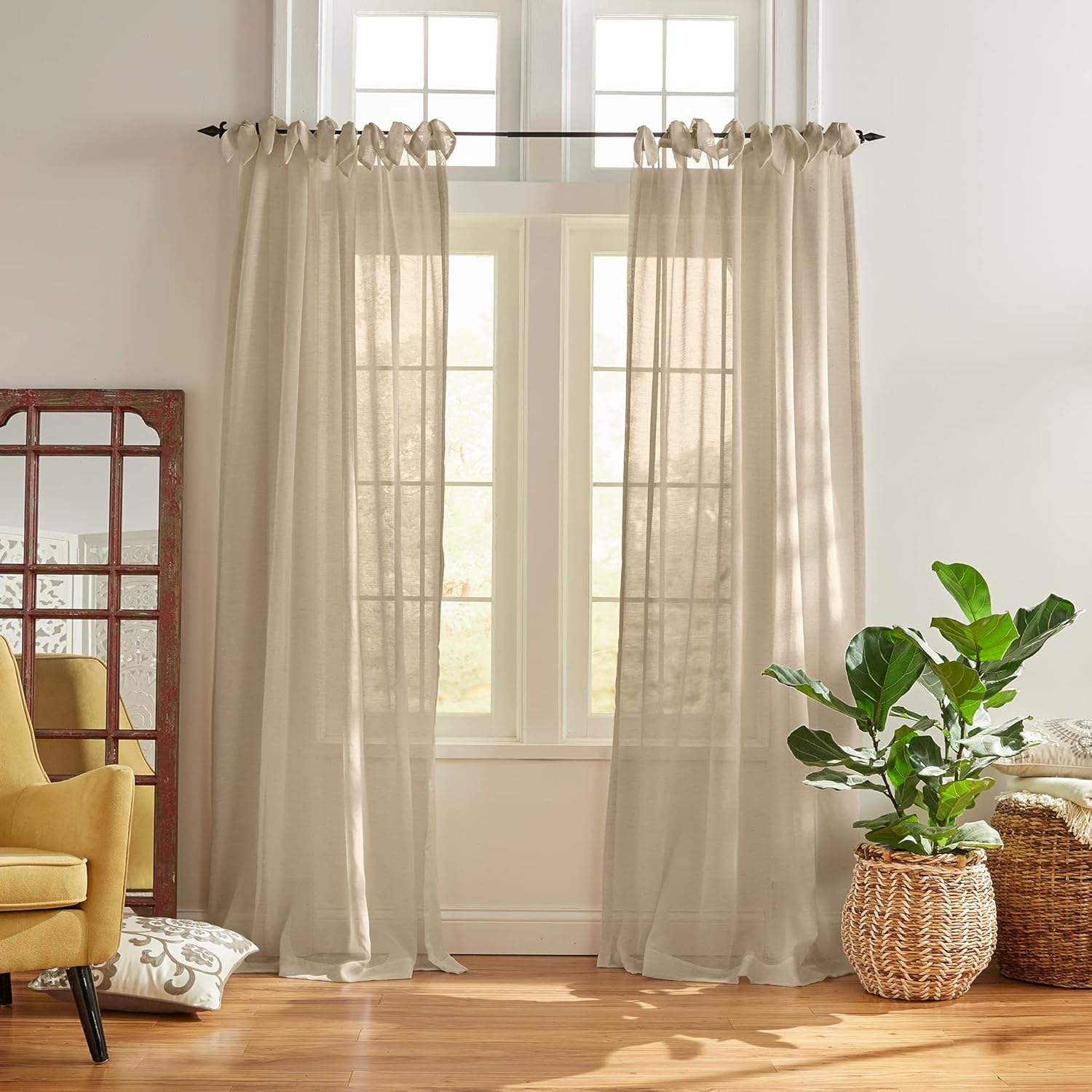 Elrene Home Fashions Vienna Tie-Top Sheer Window Curtain Panel, off White, 52" X 95" (1 Panel)