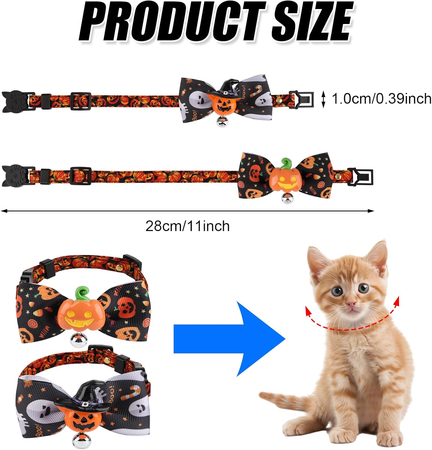 2Pcs Halloween Pet Collar, Cute Dog Collar Bowties Halloween Cat Collar with Bell Puppy Collar with Bow Tie Kitten Collar for Cats and Dogs(Pumpkins & Hooded Pumpkins) image number 3