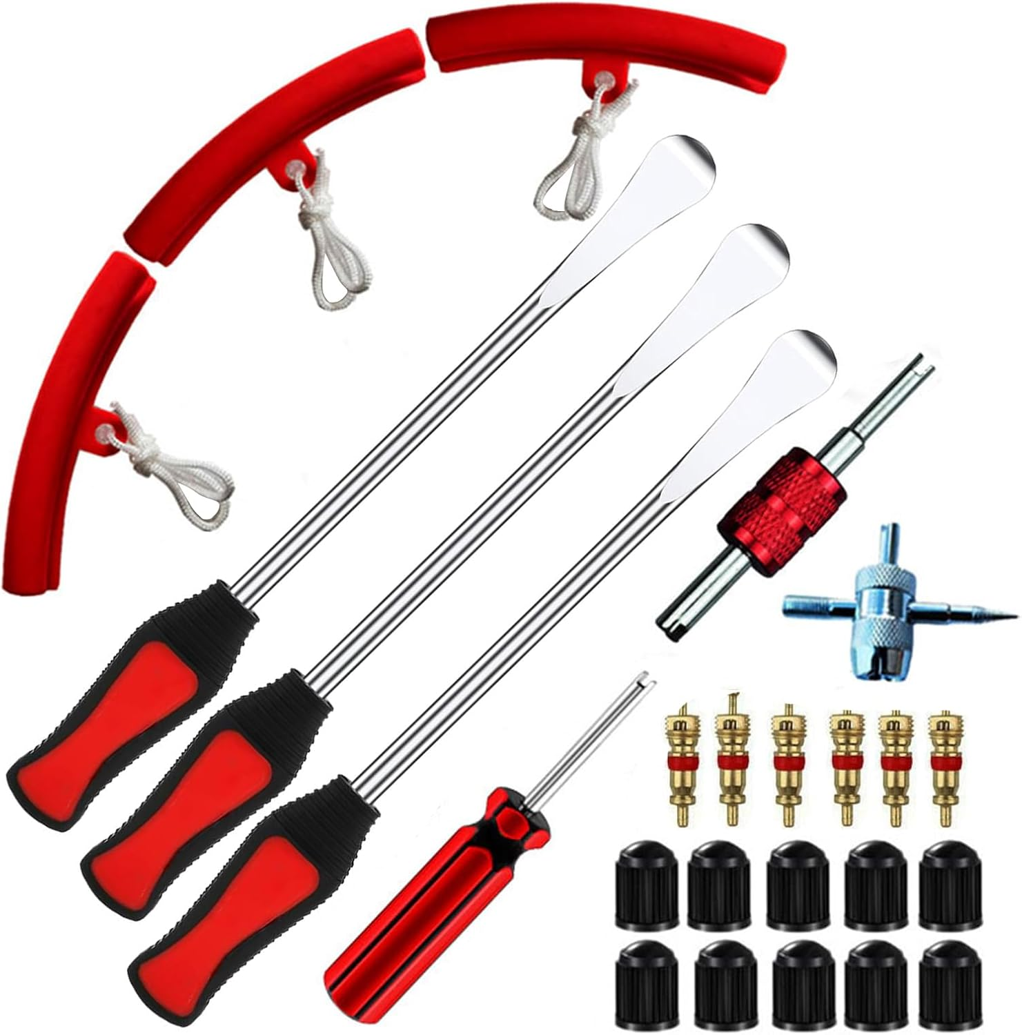 Steel Tire Spoons Tool Set, 25 Pcs Motorcycle Professional Tire Changing Kit with 3 Tire Spoons, 6 Valve Cores, 2 Wrenches, 3 Rim Cover, 10 Valve Caps, 1 Removal Tool for Tires Changing image number 2