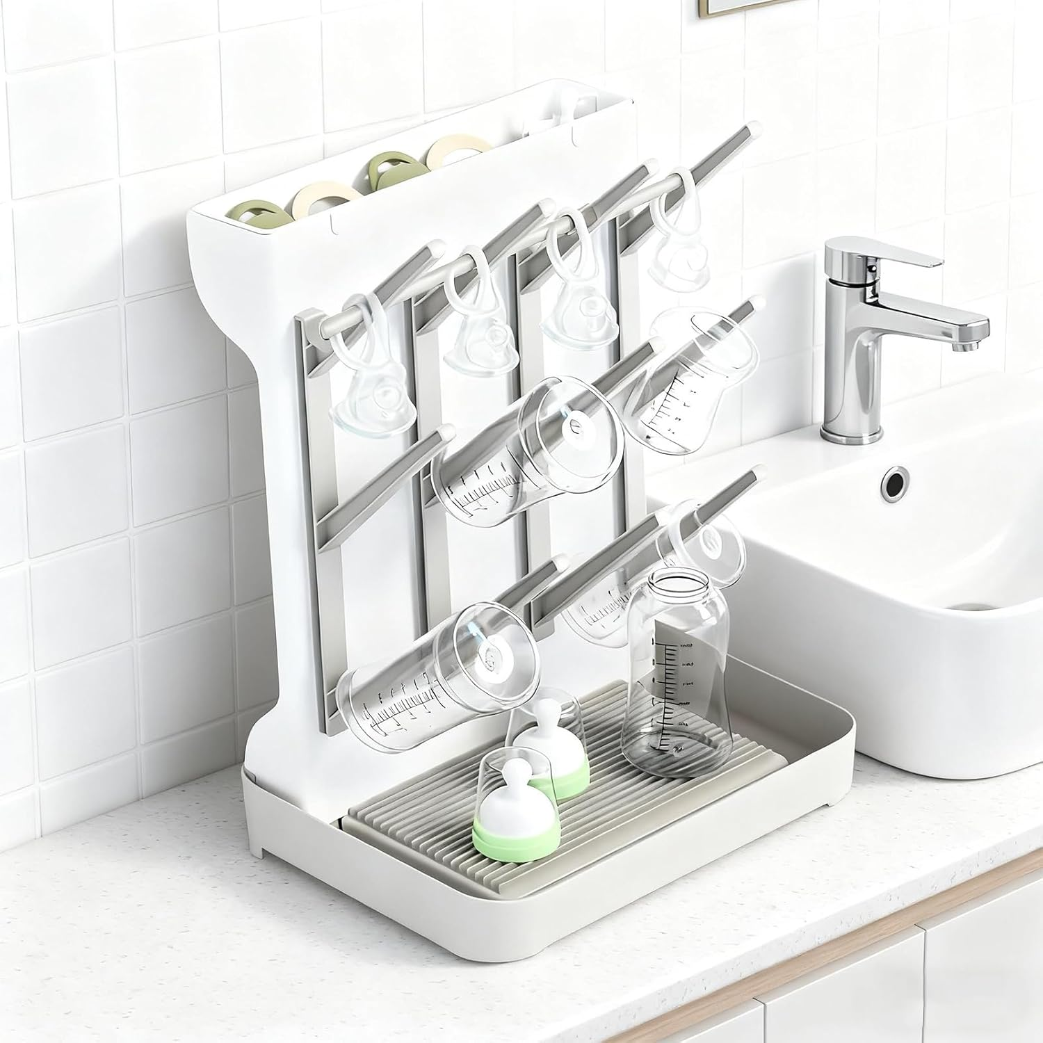 Baby Bottle Drying Rack with 12 Hooks,Vertical Bottle Organizer，Baby Bottles and Pump Part Cleaning,Baby Bottle Accessories Storage,Space Saving