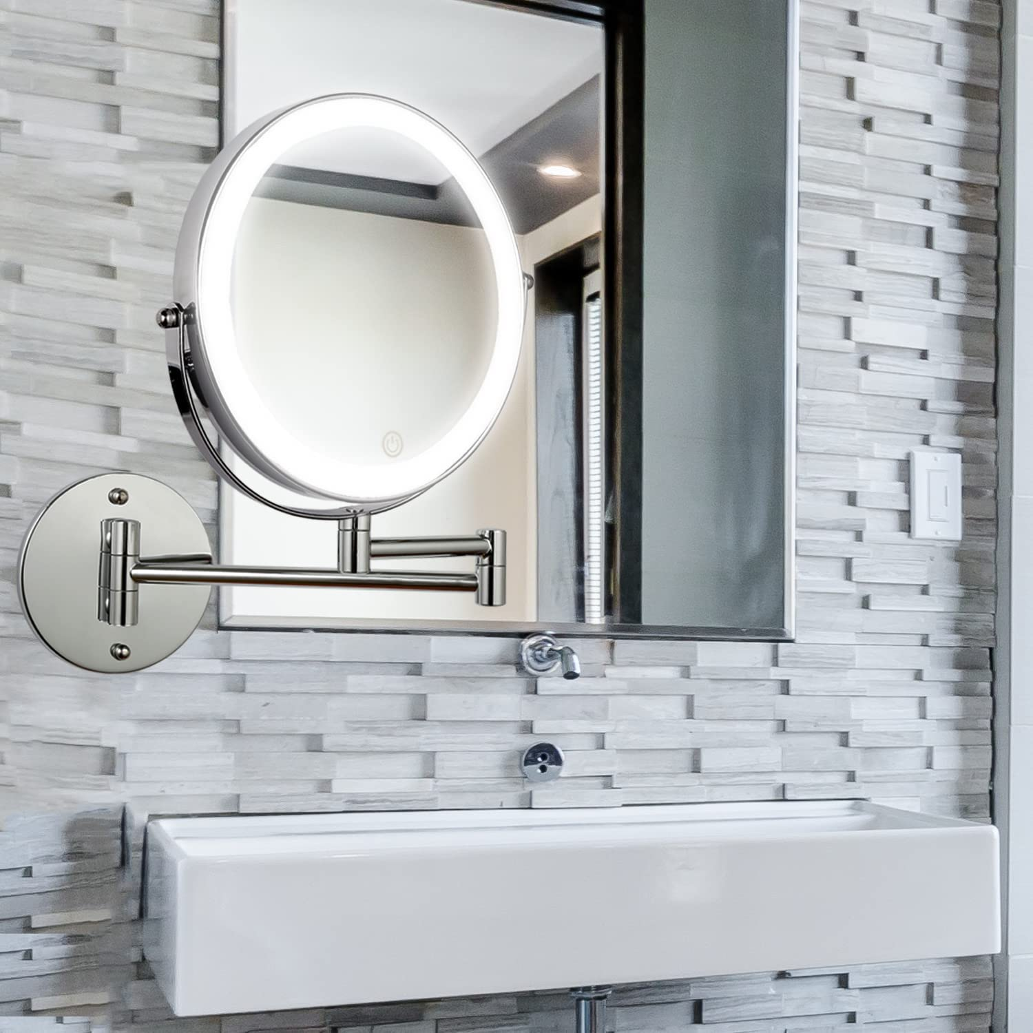 Rechargeable 8 Inch Lighted Wall Magnifying Makeup Mirror with 3 Color Lighting Modes Magnified Double Sided 10X Magnification LED Vanity Mirror with Dimmable Lights image number 1