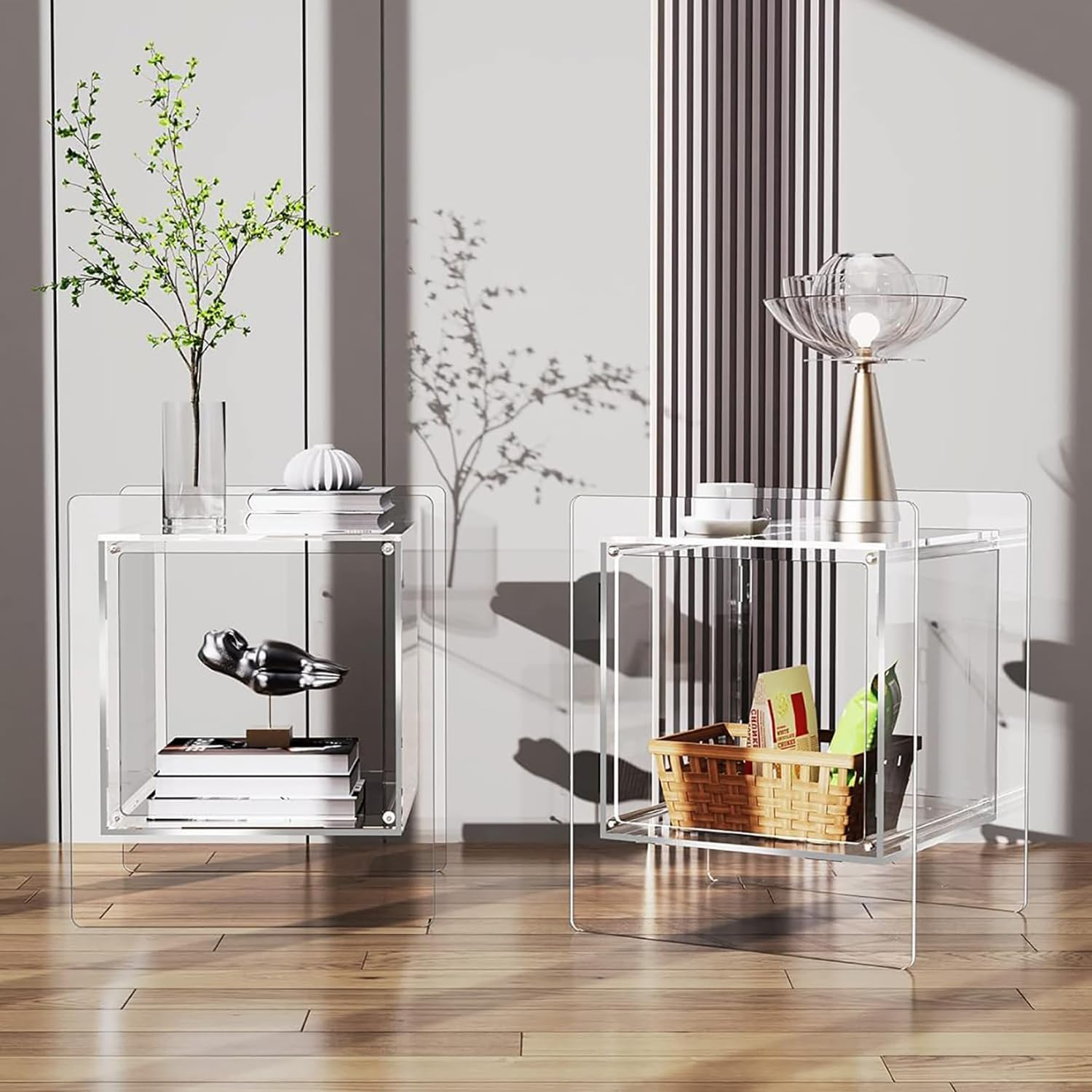 HOOMFIT Acrylic Nightstand with Open Storage Shelf, Creative Modern Side Table, Lightweight Side Table for Home Decor and Living Room (White)