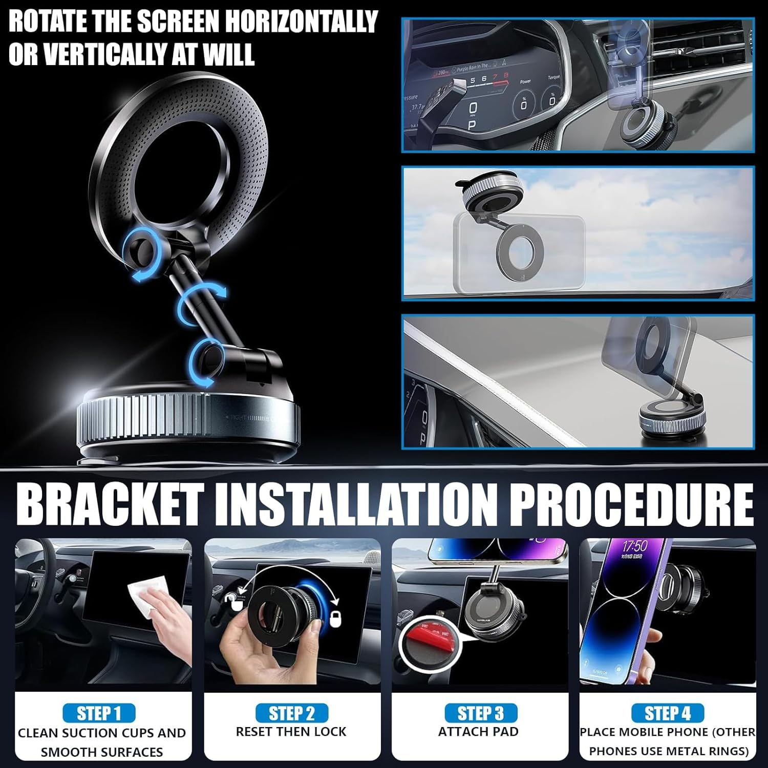 Car Phone Holder,360&deg; Magnetic Car Phone Holder Mount - Super Strong Vacuum Suction, Foldable & Adjustable for Most Mobile Phones, Dashboard/Windshield/Gym Use (Color：Black) image number 1