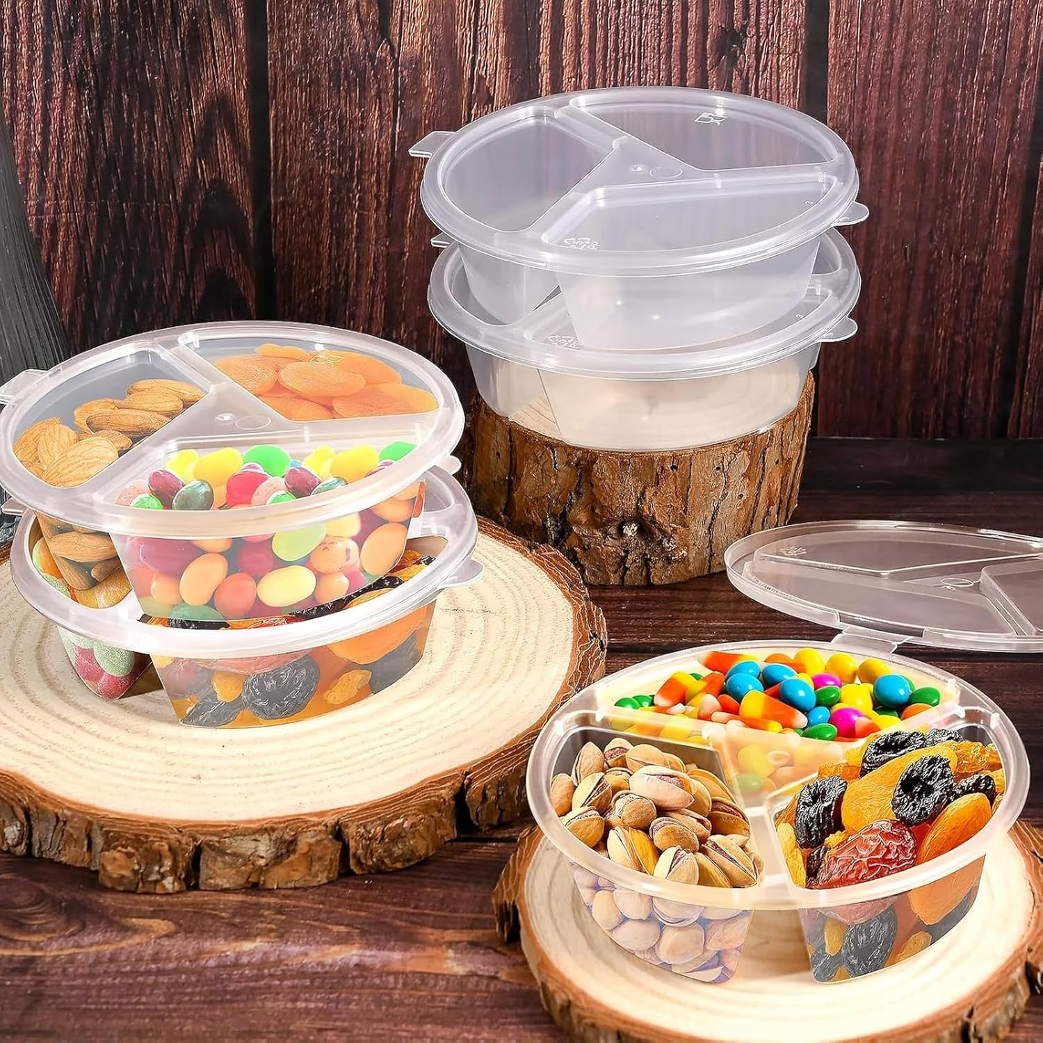 Auzly 40-Pack 3-Compartment Snack Containers | Leak-Proof Reusable Food Storage with Lids | Triple Section Bento Box for Sauces, Nuts, Fruits | Portable Condiment Cups for Picnic, Party, Takeout